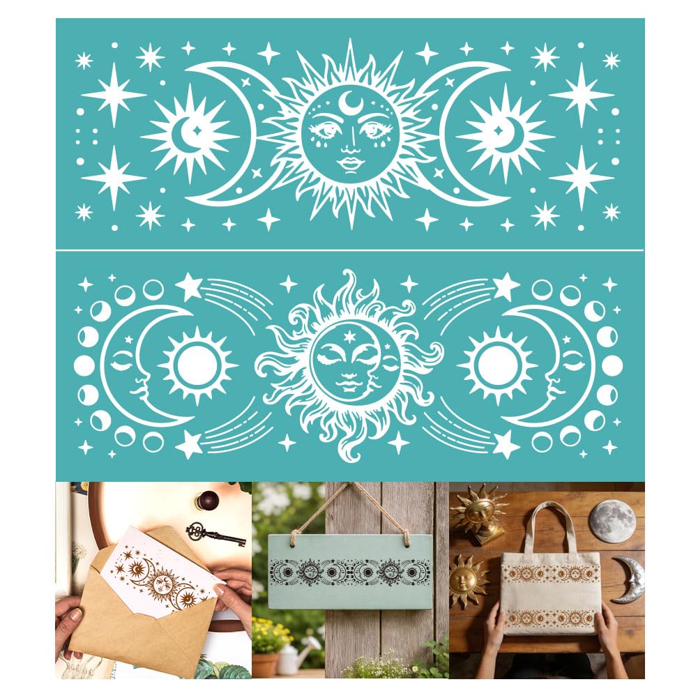 GOMAKERER 2 Sheets Self-Adhesive Silk Screen Printing Stencil, Reusable Sun Moon Star Celestial Mesh Stencil Boho Astrology Border Template for Painting on Wall, Wood, Home Craft Decor