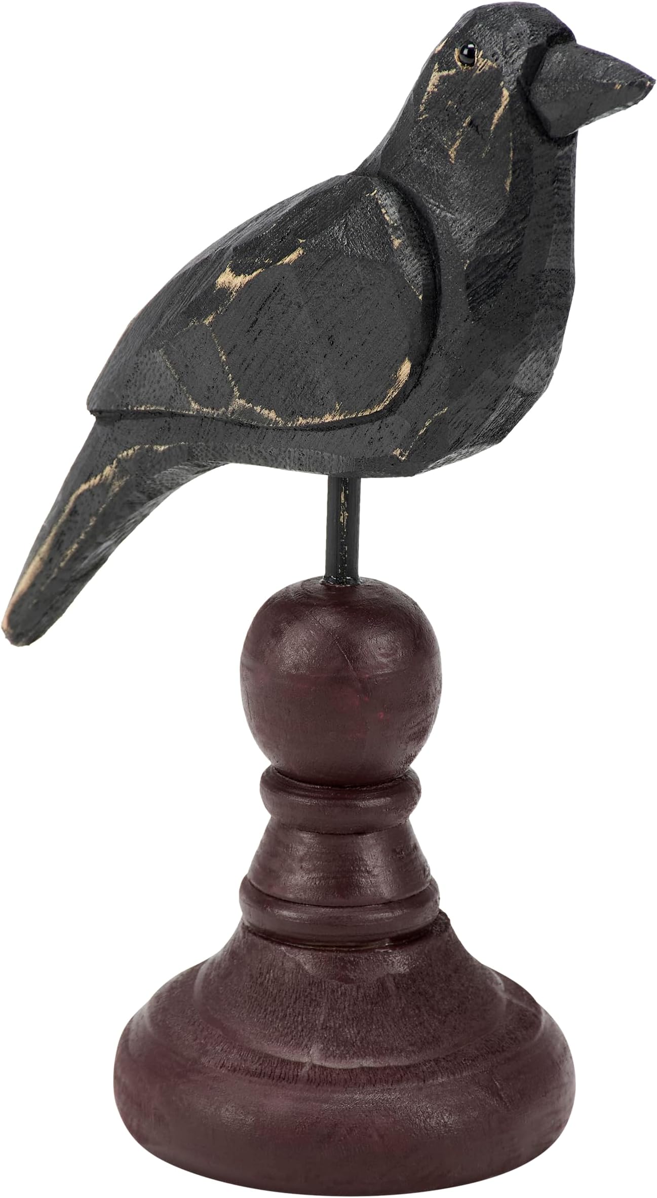 Figurine - Weathered Rustic Crow On Spindle, Burgundy/Black