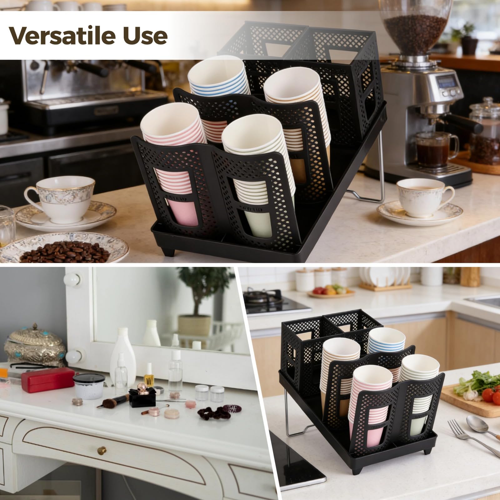 Distributeur de tasses et couvercles, présentoir pliable noir à 6 compartiments avec plateau, organisateur de gobelets en papier pour cuisine, bureau, station café, support de comptoir en métal