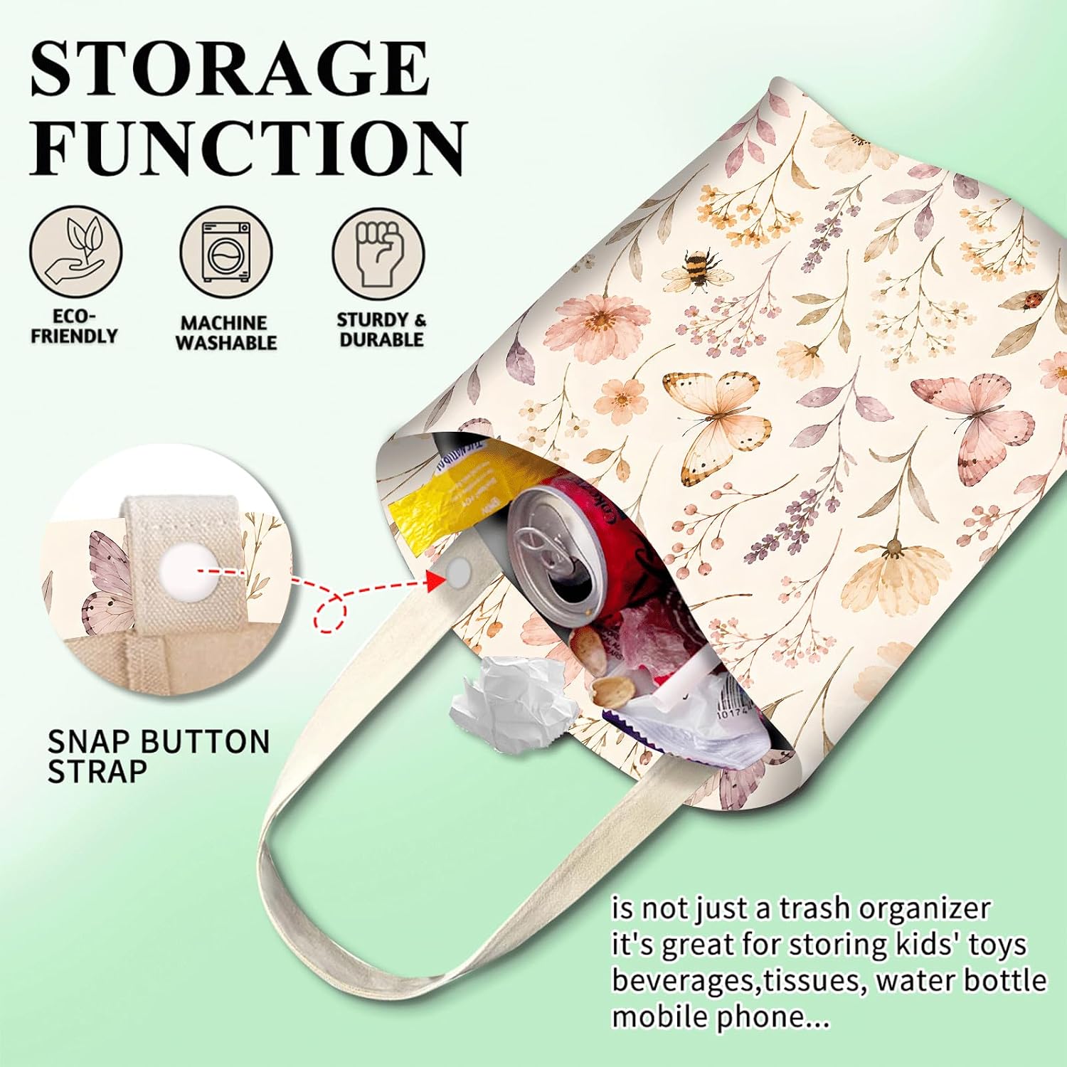 Car Trash Can, Cute Car Trash Bag, Hanging Car Organizer and Storage Bag, Trash Bin for Car Accessories, Vehicle, Travelling, Camping Soft Butterfly Flowers image 3