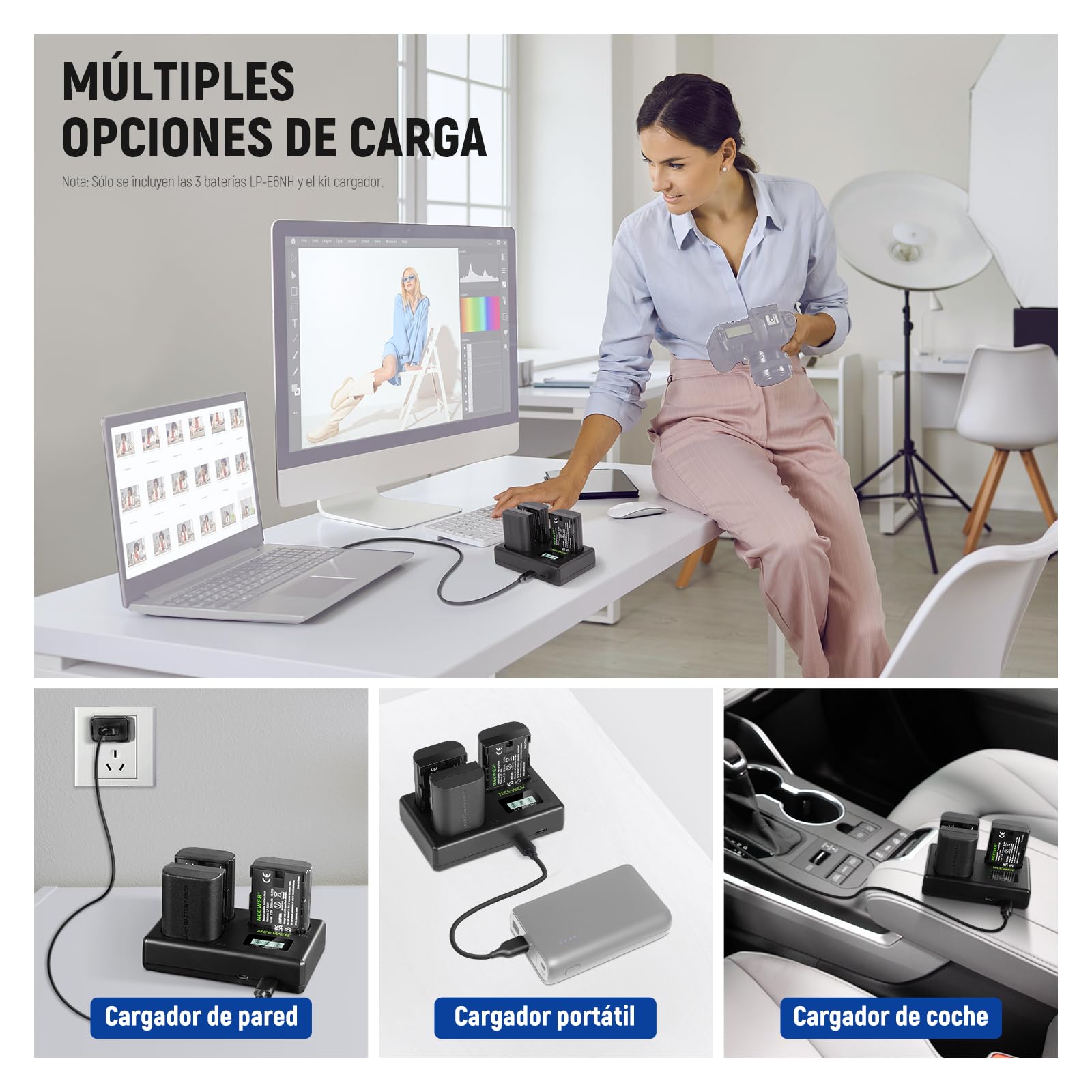 NEEWER LP-E6NH 3 Baterías Repuesto & Cargador USB Set, 3 Paquete 2250mAh para LP-E6NH con Cargador USB Triple Ranura, Paño Limpieza, Compatible con Canon EOS R7 R5 R6 R6 II R 5DIV 6DII 7DII 80D
