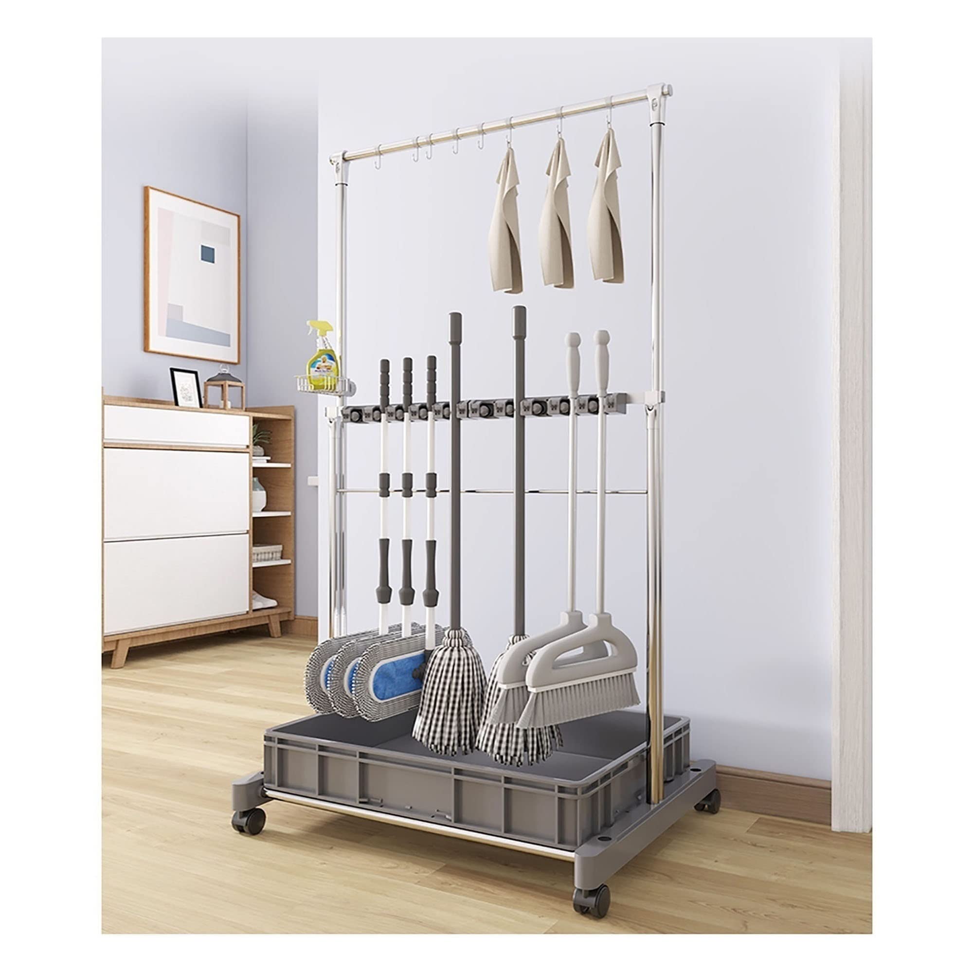 Movable Commercial Mop Rack,Floor Standing Cleaning Tool Cart Storage,Mop and Broom Garden Tool Holder,Housekeeping Cart, Umbrella Stand,Double Deck Stainless Steel Bracket,can Put Wet Mop (Color :