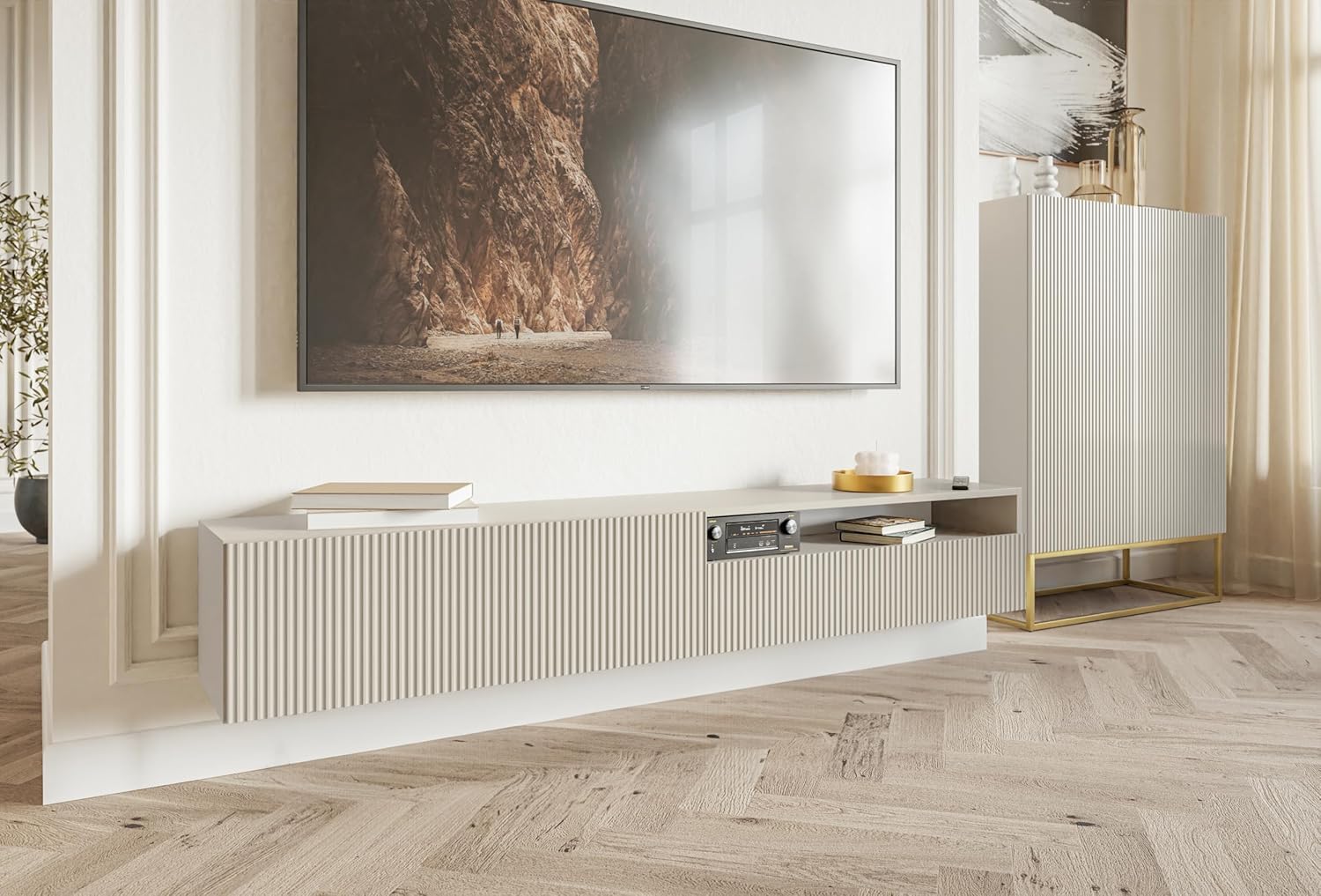 Selsey Mobile TV Mobile Porta TV 175 cm Sospeso Scomparto Aperto Facciata Fresata Grigio Beige Veldio
