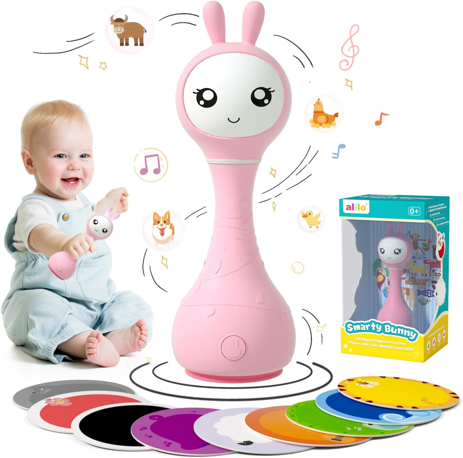 Smarty Bunny Baby Rattle Musical Light Up Toys, Infants Newborns Baby Toys 0-3-6-12-18-24 Months,1 Year Old Boy Girl Easter Gifts, 4 Music Modes and Color Recognition Function with 9 Color Card