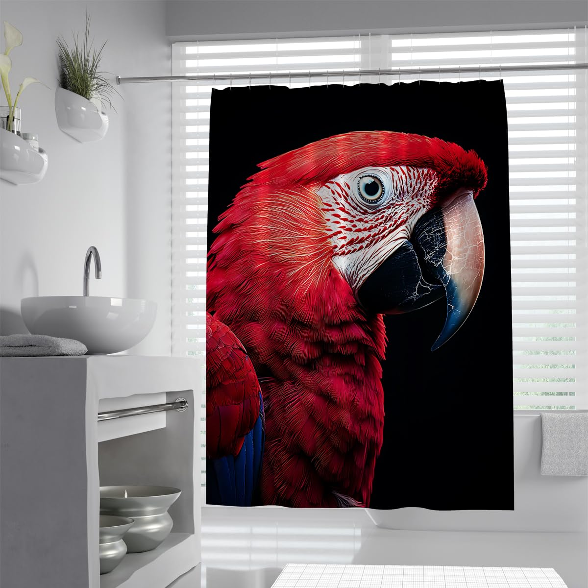 UIRINGART Vibrant Parrot Bathroom Screen W180xL220cm Waterproof Mildew Resistant Red Macaw Tropical Bird Artwork Fabric Shower Curtain With Hooks Tub Liners Spa Gym