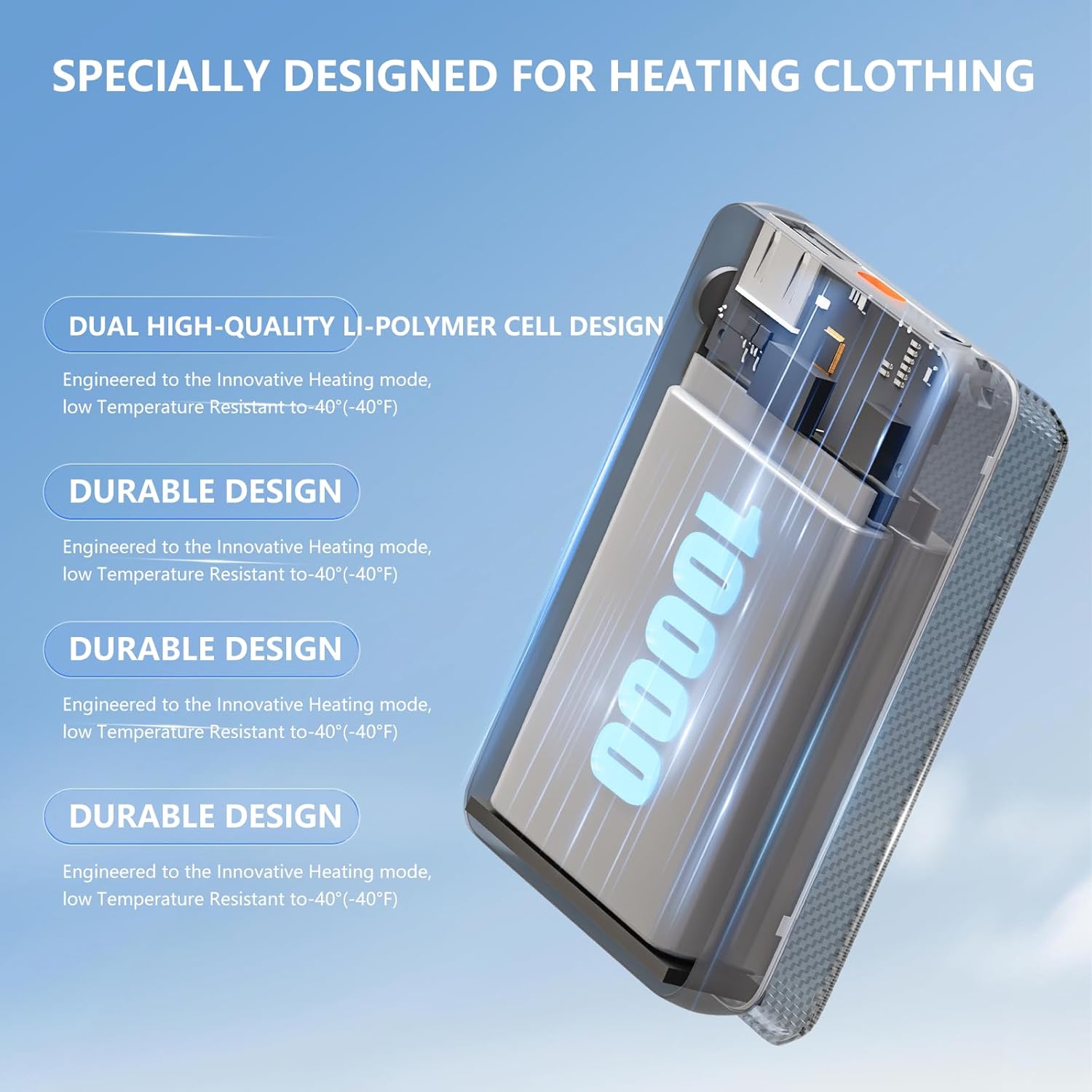 2 Pack 10000mAh Battery Pack Heated Vest for Most Heated Apparel, 7.4V/5V 10000mAh Power Bank for Heated Vest with DC/USB/Type-C Output and LED Display for Heating Clothing and Phones - Image 4