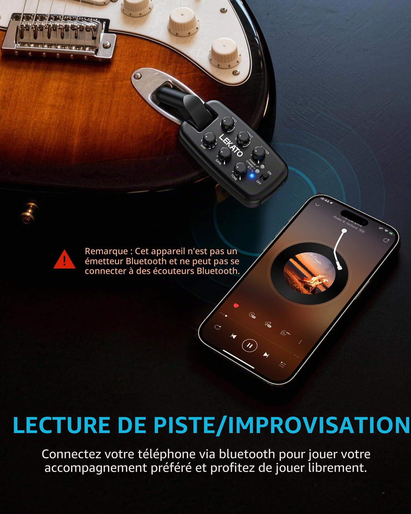 LEKATO Ampli de Casque pour Guitare, Ampli de Pratique Portable à Brancher pour Guitare Électrique et Basse, 9 Modèles d'Ampli & 6 Effets, Bluetooth 5.0, Prise Rotatif à 180°, Enregistrement OTG