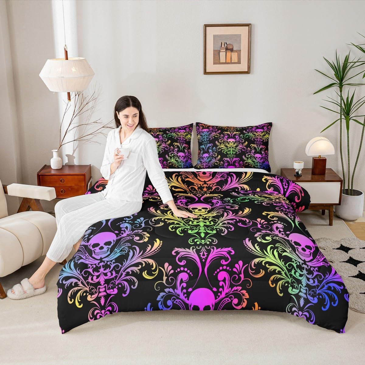 Adults Damask Gothic Bedding Set Antique Victorian Comforter Set Toddler,Vintage Floral Goth Comforter Sugar Skull Quilt,Exotic Bone Skeleton Duvet Insert Bohemian Baroque Decor,Rainbow Gradient