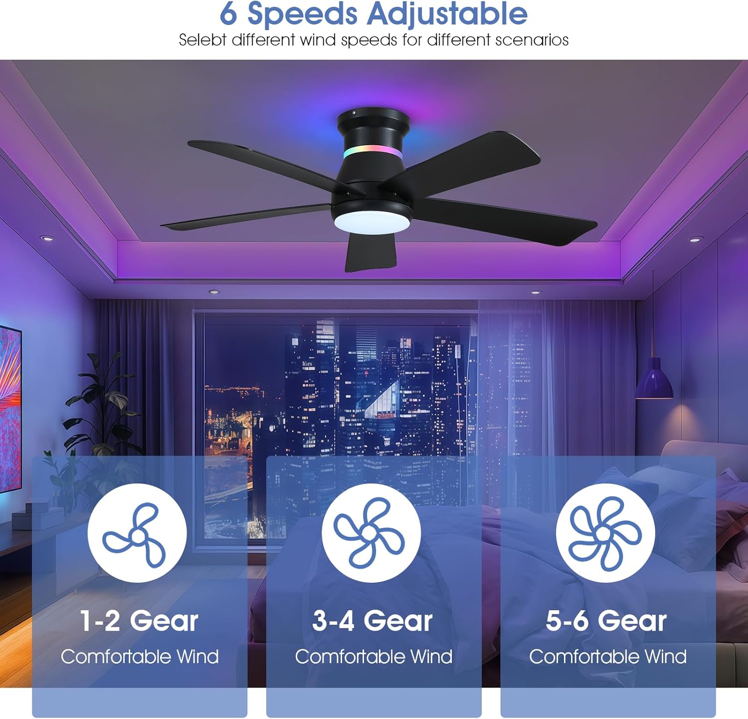 46" Black Ceiling Fans with RGB Lights - Flush Mount Ceiling Fan Light with LED 3CCT Dimmable, Modern Low Profile Ceiling Fans for Indoor Party,Covered Outdoor