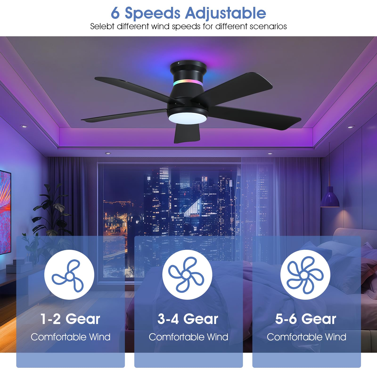 Surtime 117CM Ventilatori a soffitto con luci RGB - Fan a soffitto a montaggio a flush con LED 3CCT dimmabile, ventilatori a soffitto moderni per festa all'interno(Nero)