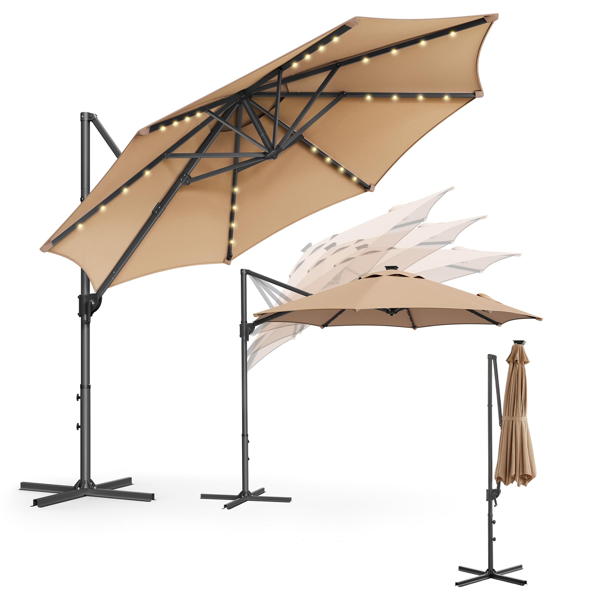 SONGMICS Sonnenschirm, Ampelschirm, 300 cm, 28 Solar-LED-Leuchten, UPF 50+, Gartenschirm, um 360° drehbar, Neigungswinkel stufenlos verstellbar, mit Kurbel, Kreuzfuß, kamelbraun GPU047K11