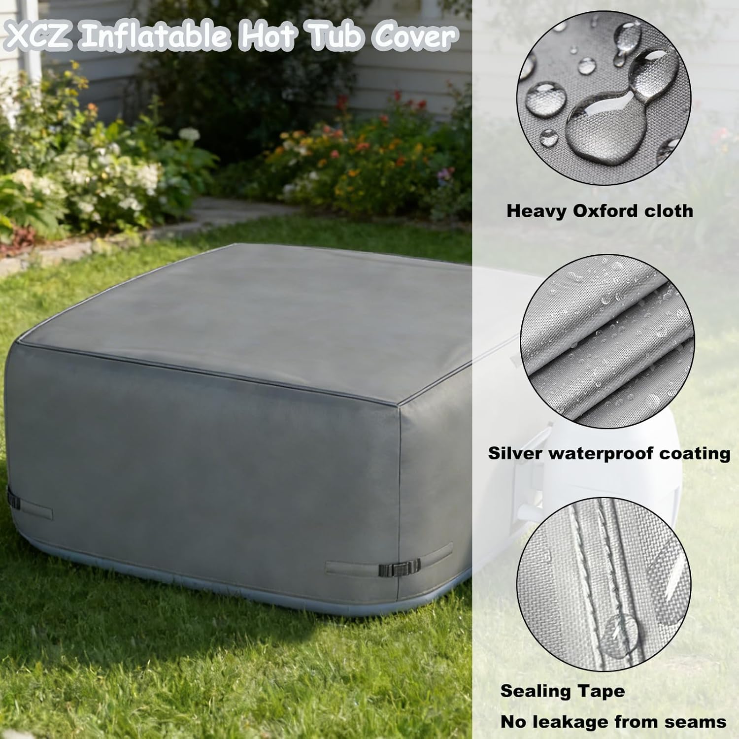 XCZ Portable Hot Tub Cover, Inflatable Hot tub Full Coverage - Waterproof, Sun Protection, dust Proof, Suitable for 71 "Inflatable hot tub spa,Square (Grey, Cover only)