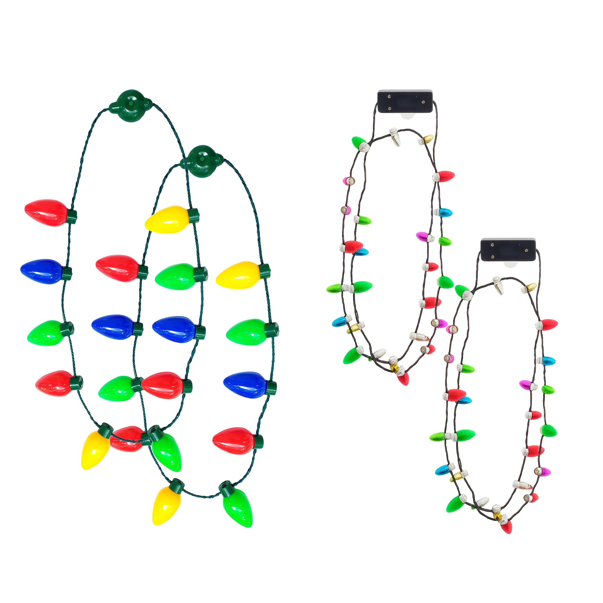 Light Up Christmas Necklace Set (4 Pack – Mini & Jumbo Bulb Necklaces), LED Glow Jewelry, 3 Light Modes, Holiday Party Favor, Stocking Stuffer, Ugly