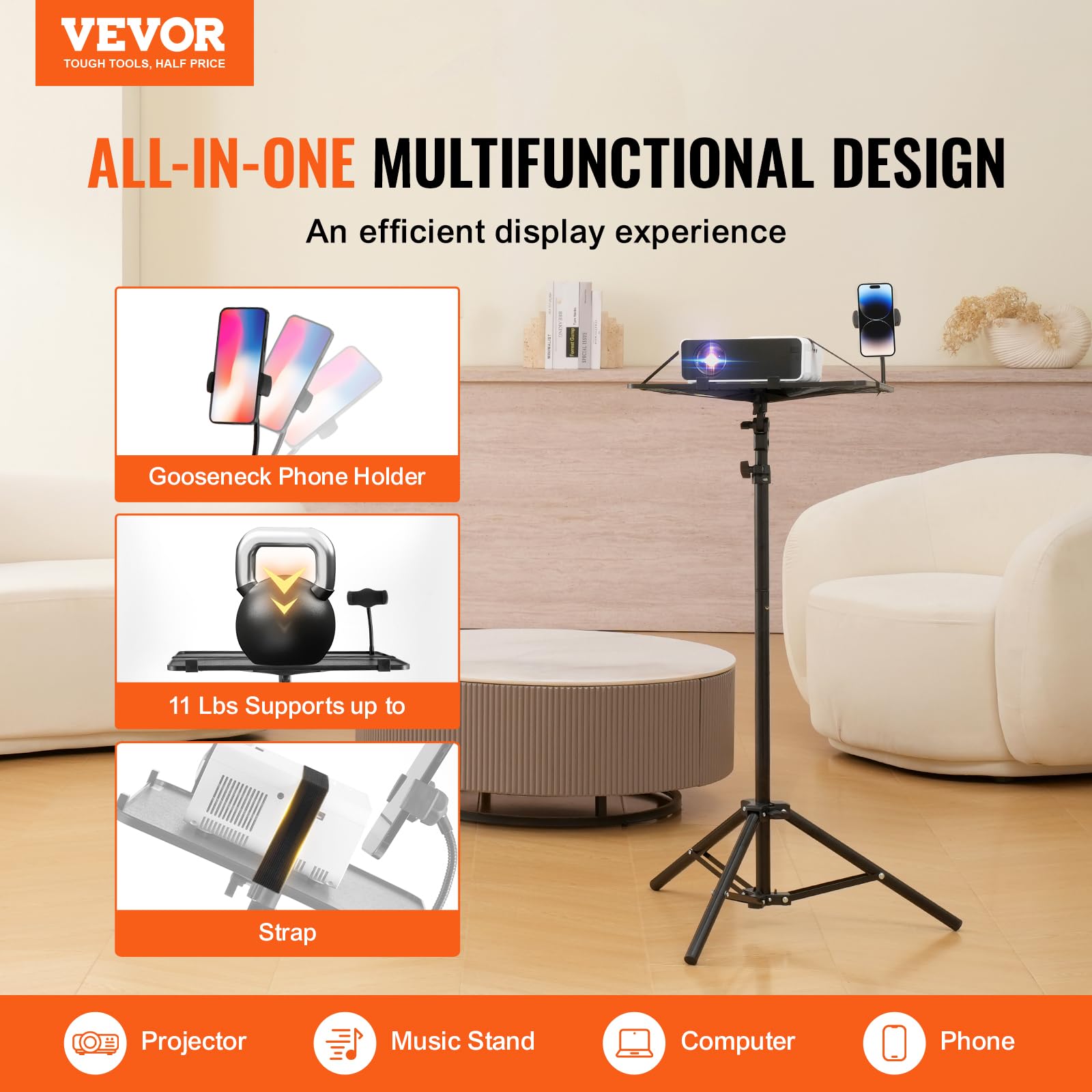 VEVOR Soporte para Proyector, Trípode para Computadora Portátil con Bandeja y Soporte para Teléfono con Cuello de Cisne Altura Ajustable de 685-1600 mm para Películas al Aire Libre, Hogar, Oficina