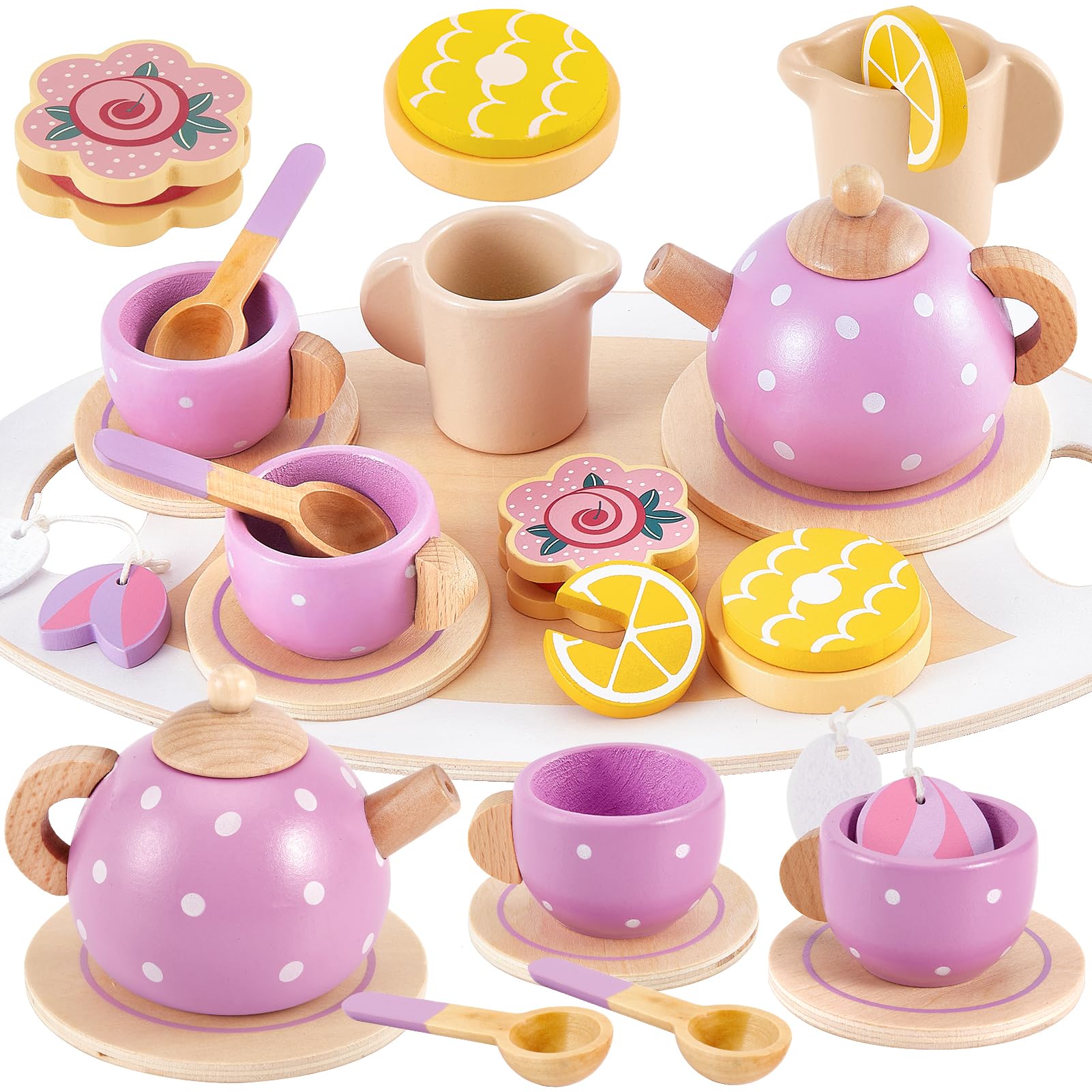 Amazon.com: BUYGER Kids Wooden Tea Party Set for Little Girls
