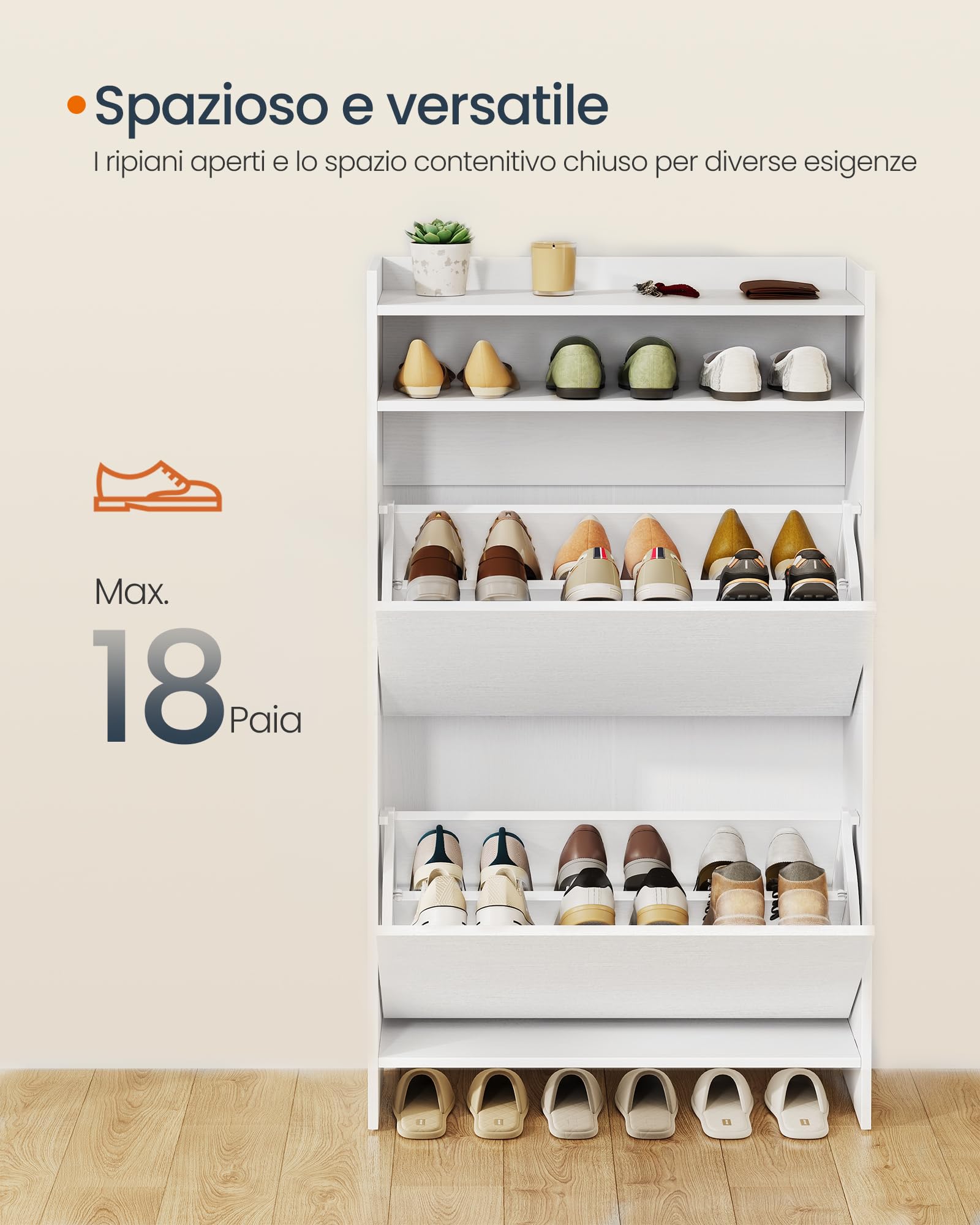 SONGMICS HOME Scarpiera con 2 Ante a Ribalta, Snapsemble Montaggio Rapido, Mobile Porta Scarpe Stretto, Divisori Regolabili, Moderna, Bianco Neve LBC228WE01