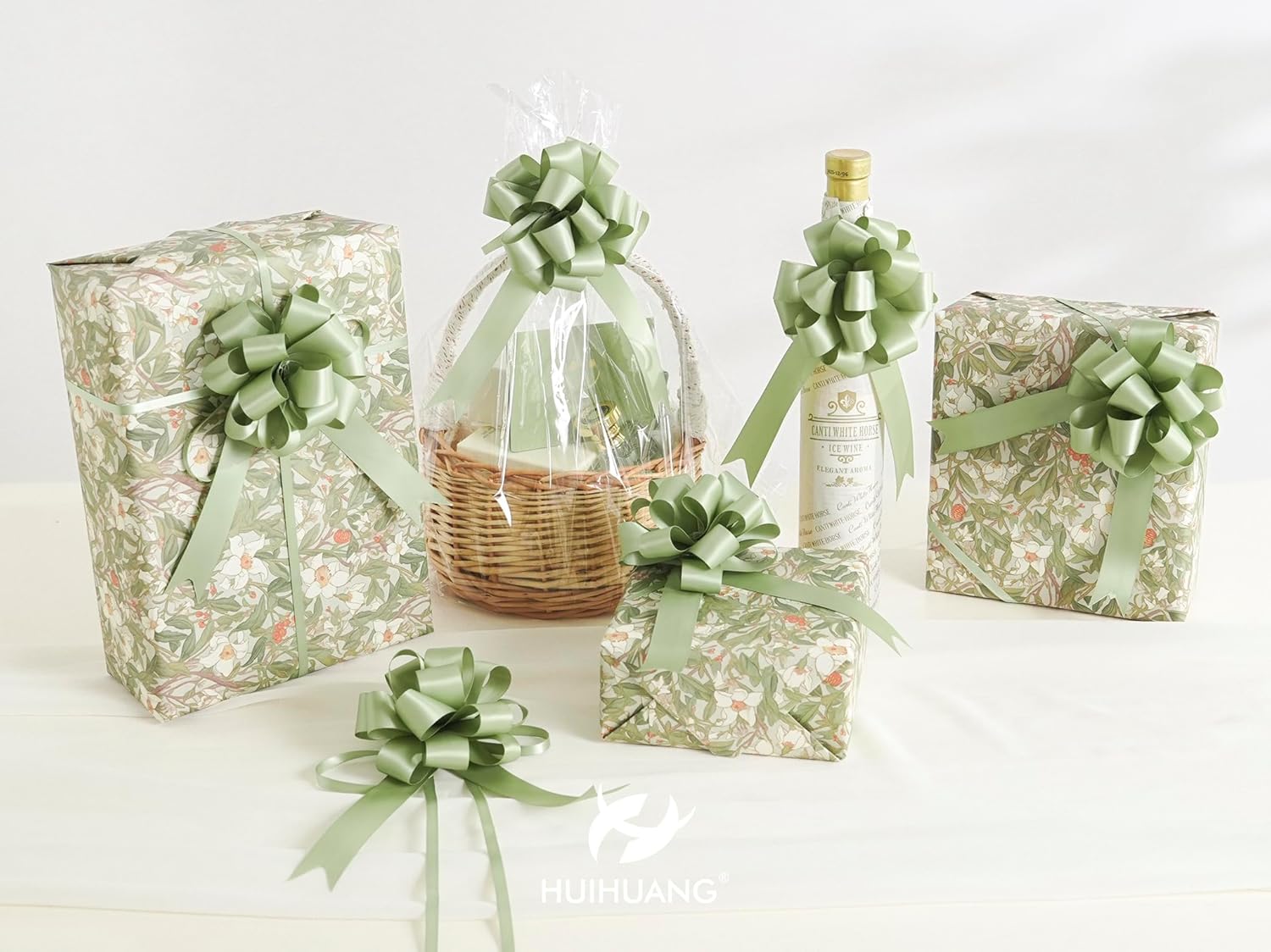 HUIHUANG Sage Green Bows for Gift Wrapping 12 PCS Satin Pull Bows 4" x 8" Dusty Sage Gift Bow for Presents, Gift Basket, Paper Bag, Wrapping Accessories, Bridal Shower Wedding Favors - Image 9