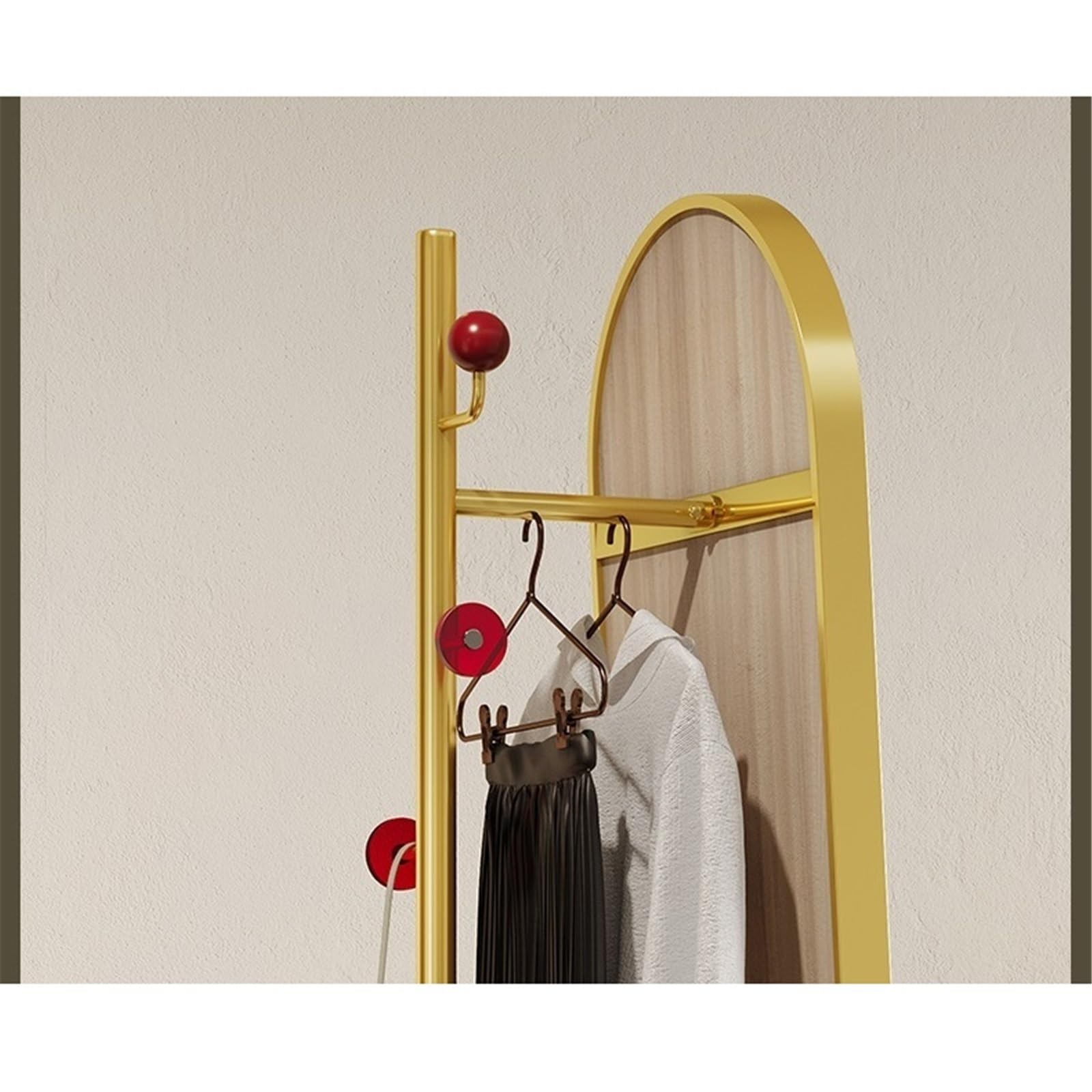 Specchio a lunghezza intera Specchio a corpo intero stile retrò semplice con ruote, appendiabiti piede ad alta definizione(Gold)