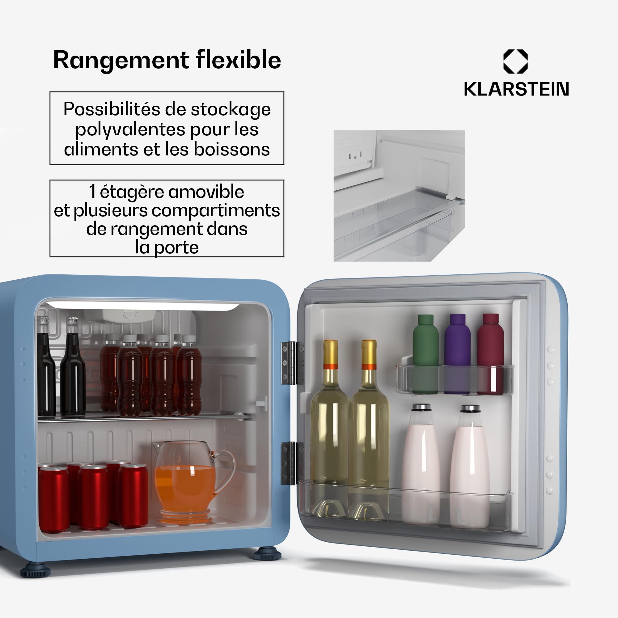 KLARSTEIN Audrey Evo 43L Mini Frigo - Design Rétro, Silencieux 40 dB, Thermostat Mécanique, Porte Réversible, Petit Frigo de Chambre, Bureau, Blanc