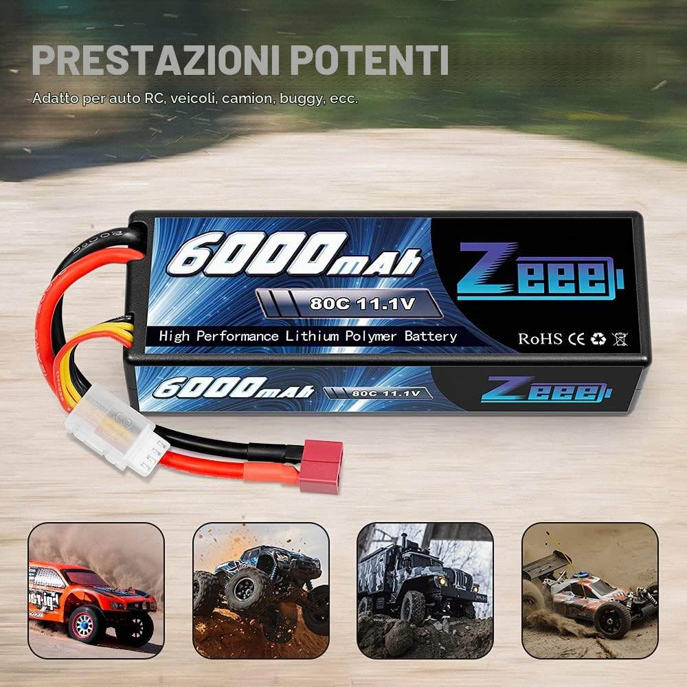 Zeee 3S Lipo Batteria 11,1V 80C 6000mAh Batteria RC Hardcase con Connectore Deans T Spina per RC Evader BX RC Veicolo Auto LKW Truggy RC Nave RC Modells RC Hobby