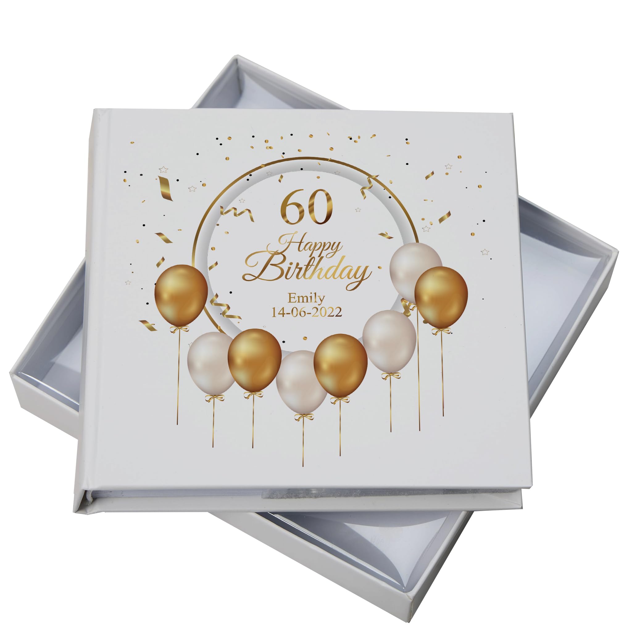 Ukgiftstoreonline White Personalised 60Th Birthday Photo Album Gift With Gold Balloons