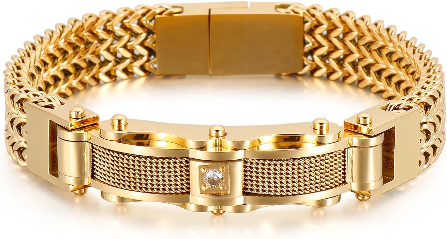 Mens Stainless Steel Franco Link Chain Bracelet,Fashion Cable Bracelet with Cubic Zirconia Gold Silver Black