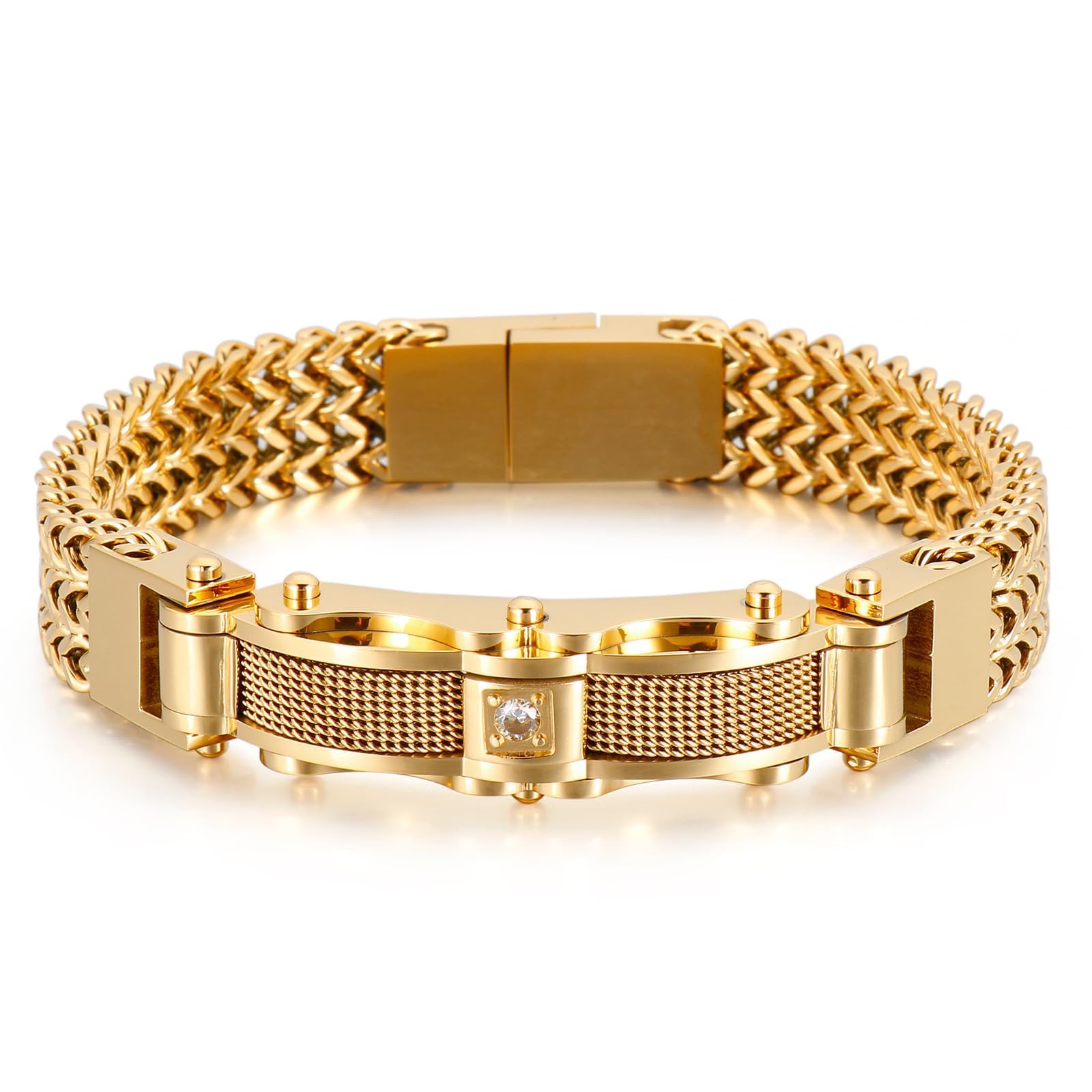 Gold Mens Stainless Steel Franco Link Chain Bracelet,Fashion Cable Bracelet with Cubic Zirconia Gold Silver Black