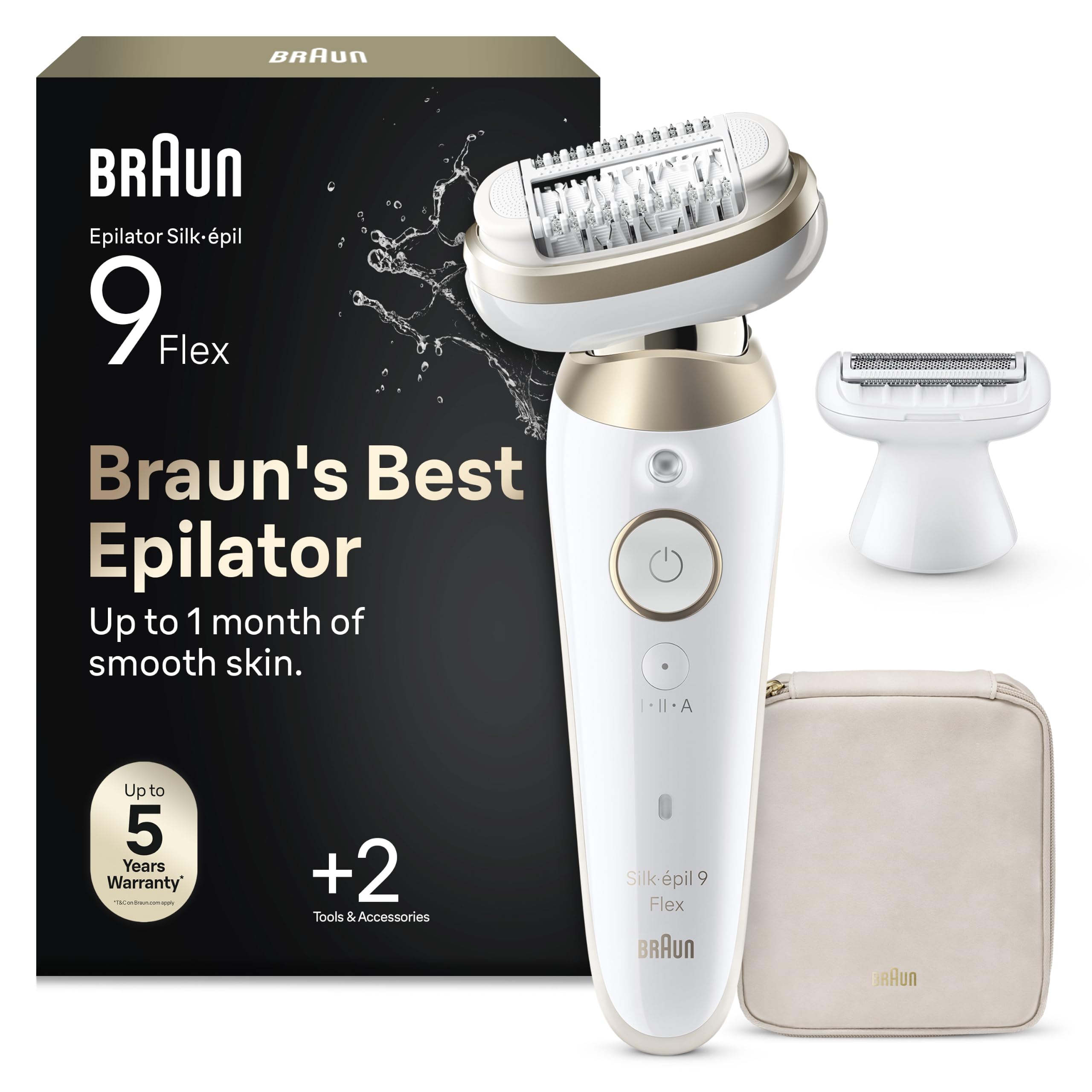 Braun Silk·épil 9 Flex, Epilator with 360° Flexible Head for Easy Hair Removal, Wet & Dry, Lasting Smooth Skin, Includes Shaver Head and Trimmer Comb, 9-030 3D, Gold