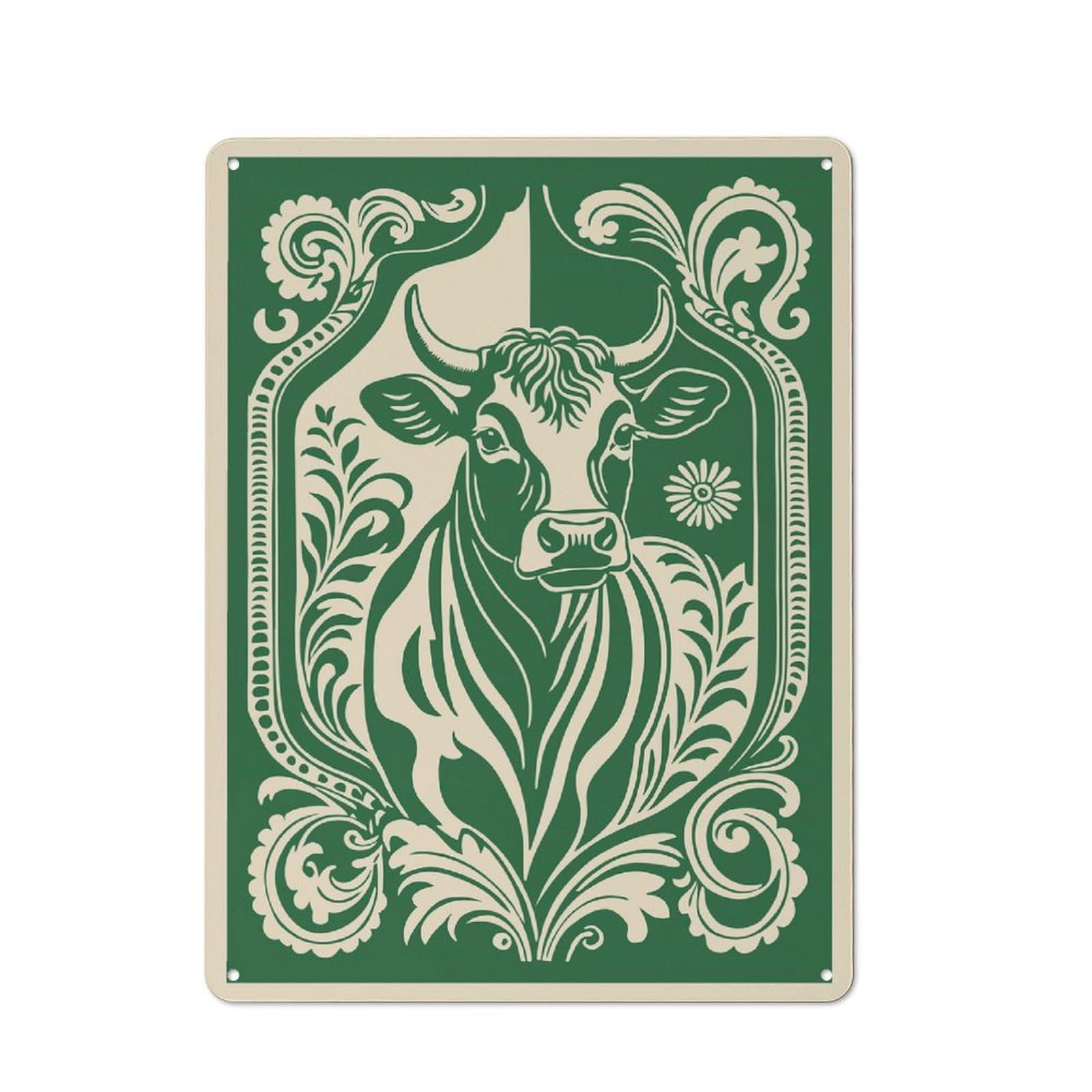 Junmoney Style-3 Stylized Bull Portrait With Floral Border Decorative Metal Sign 40X30cm, Country Style Bistro Wall Plaque For Kitchen, Cafe, Pantry Or Dining Room