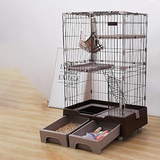 XWJOYW CVERTHAF - Jaula para Gatos, Corral, caseta para Gatos, Caja de Arena y Estuche de Almacenamiento, Todo en uno, 132 cm de Altura, Rodillo móvil de 360° (Color marrón)