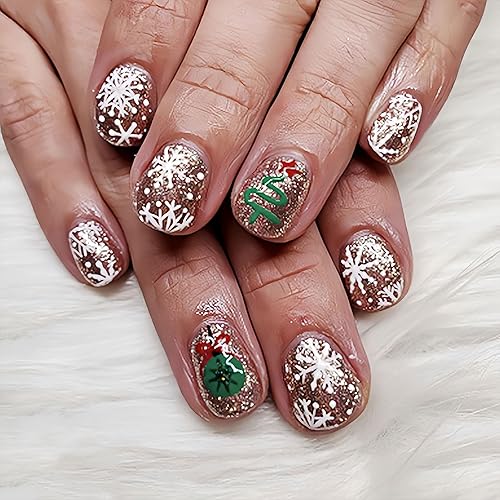 BFY Snowflake Press on Nails Short Square Winter Christmas Fake
