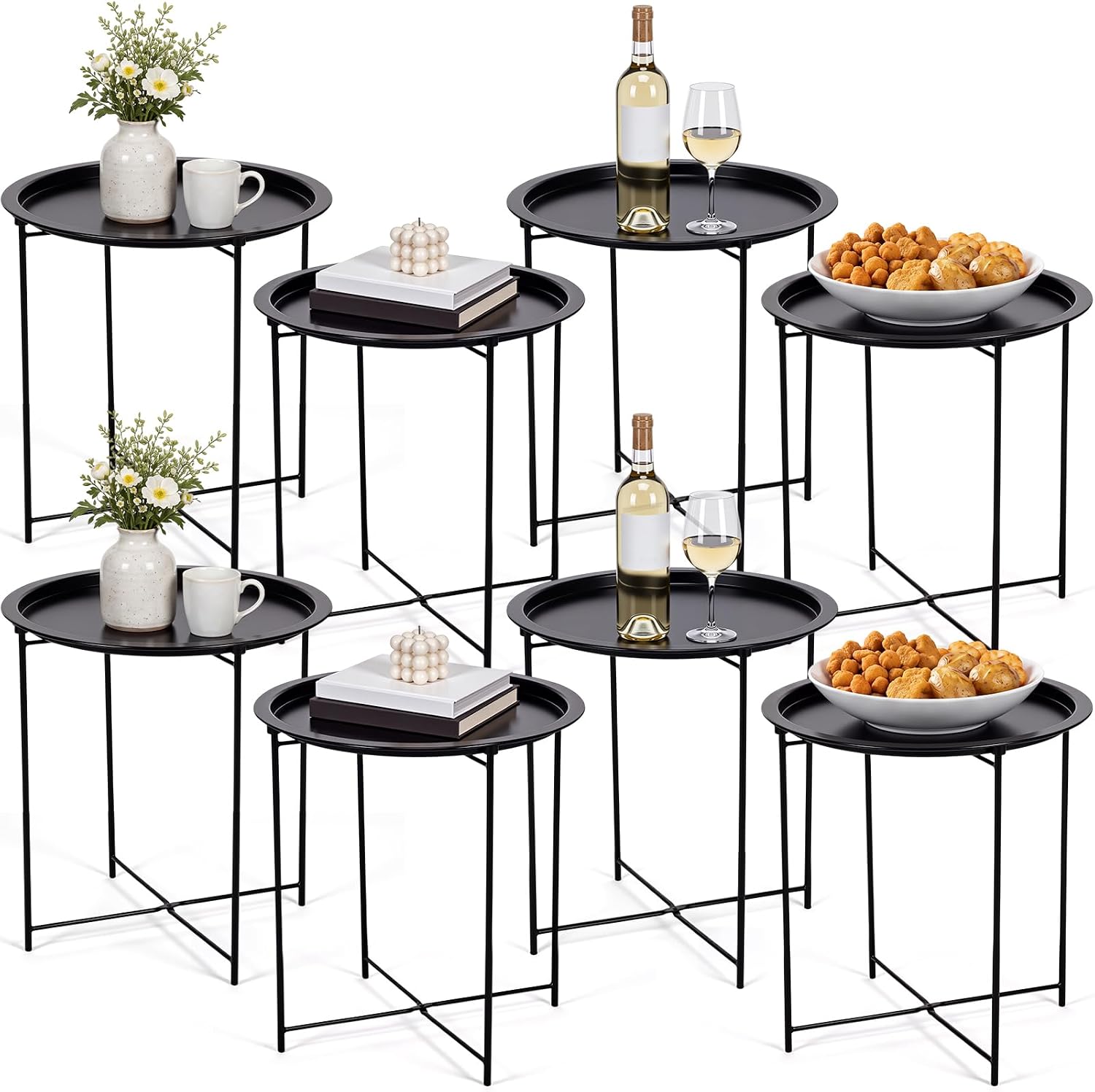 Sintuff 8 Pack Folding Side Table Round Metal with Removable Tray Black