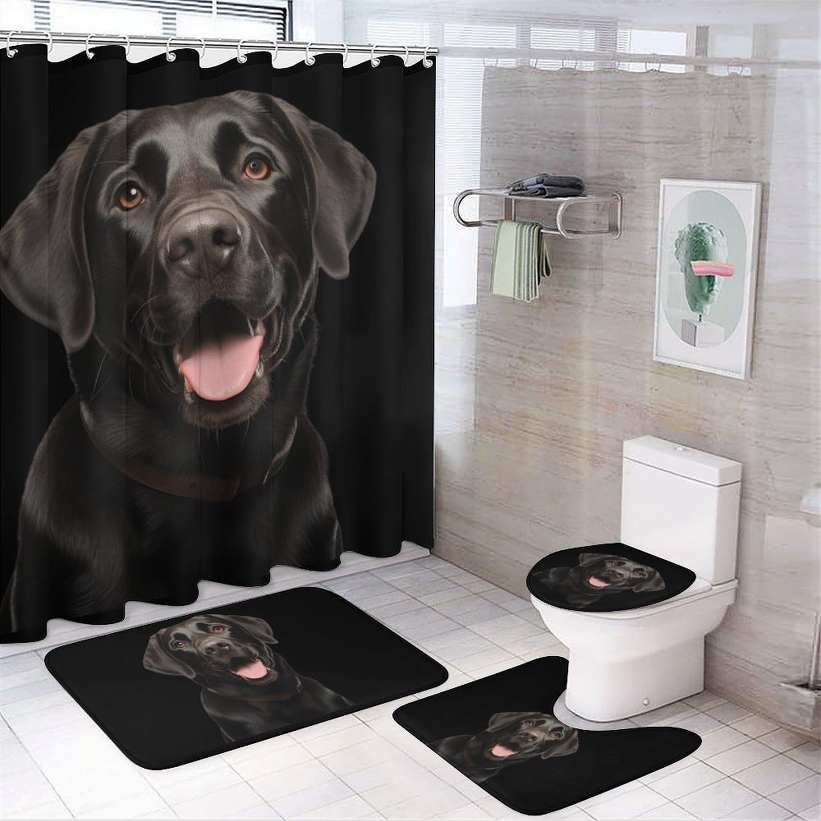 CGSBNGHA Black Labrador Shower Curtain Set 4 Piece Bathroom Sets with Rugs Toilet Lid Cover And U-Shaped Floor Mat