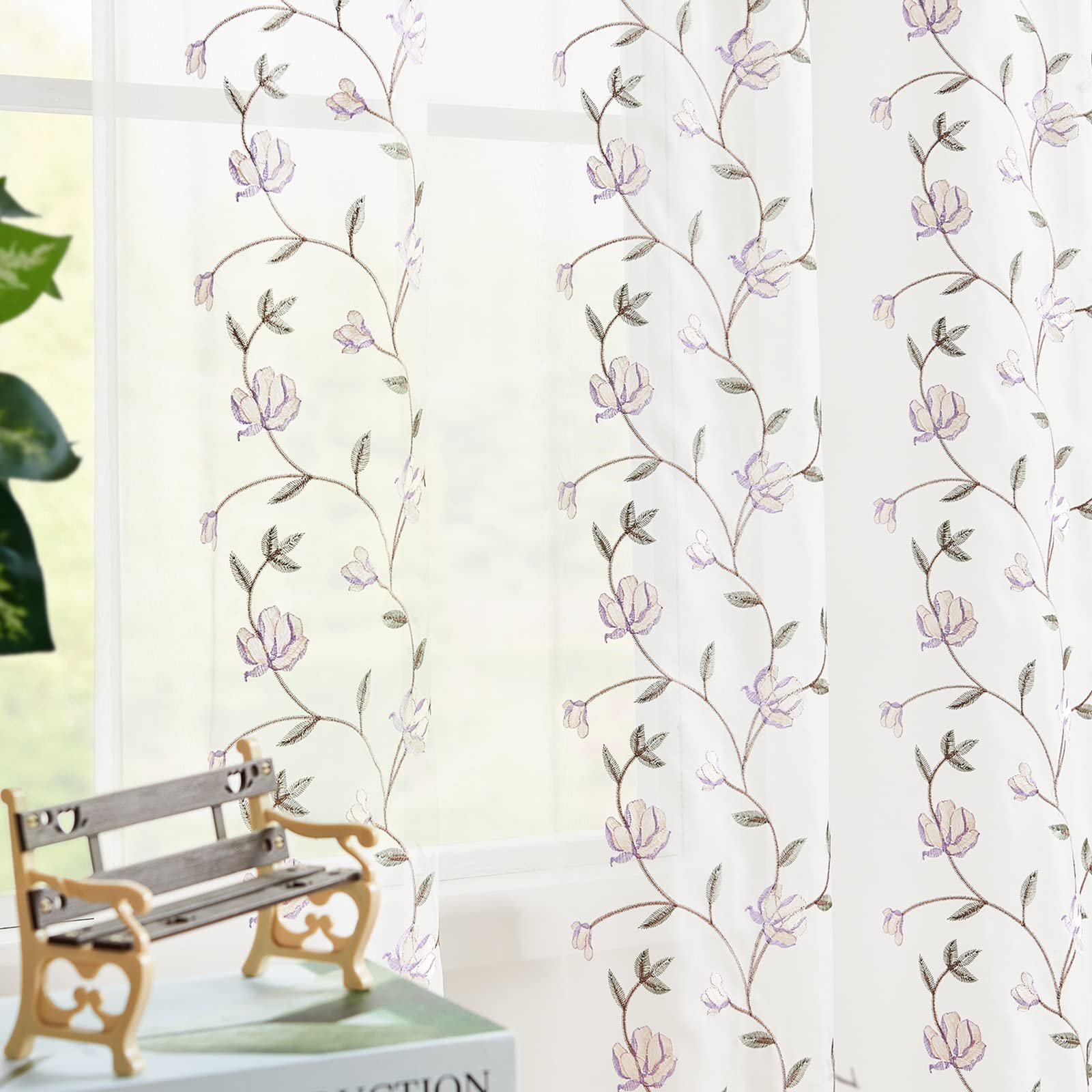 jinchanFloral Embroidered Sheer Curtains for Living Room Drapes Semi Sheer Curtains for Bedroom Embroidery Curtain Panels Purple Rod Pocket 96 inches Long 2 Panels