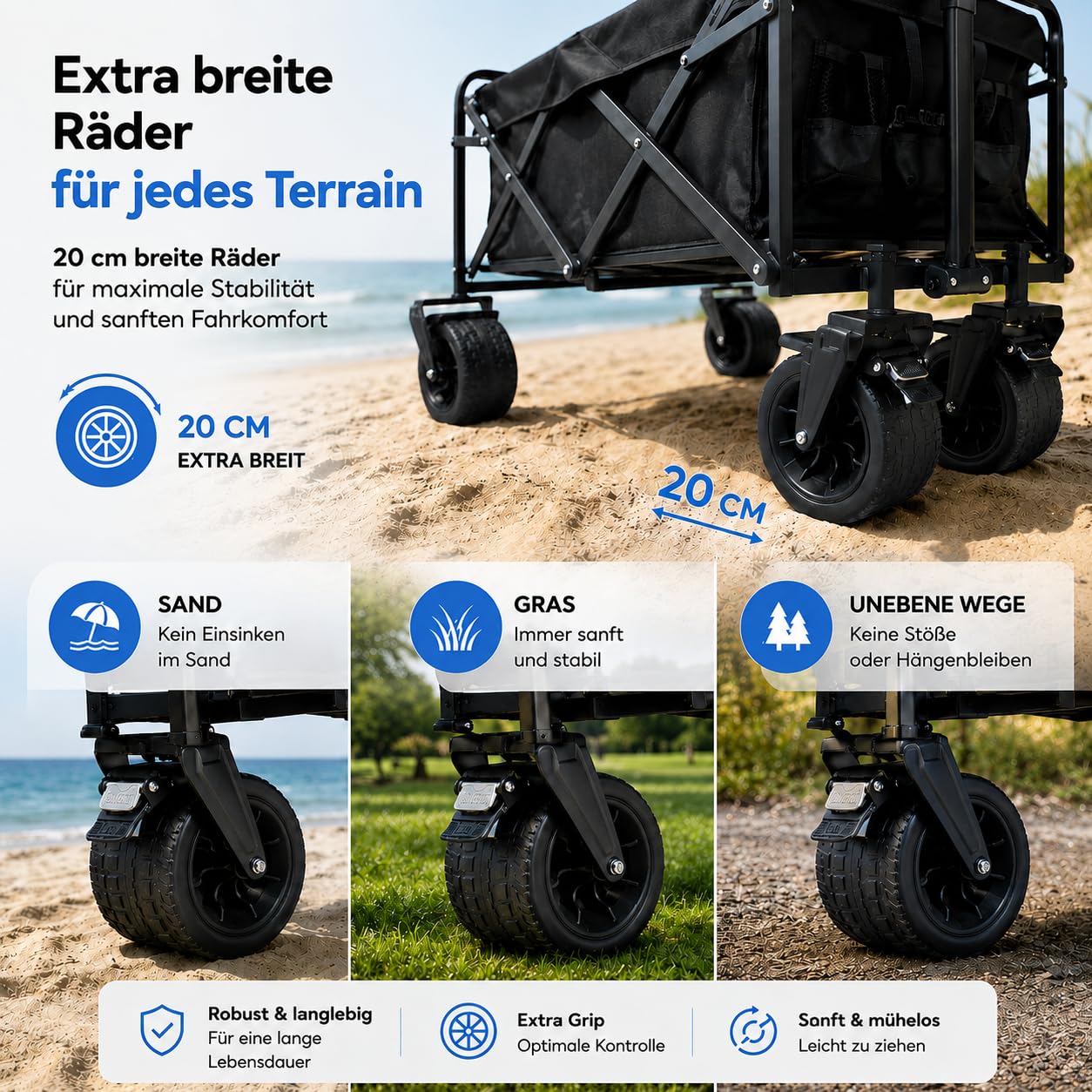 Silvergear® XL Bollerwagen Faltbar 150 kg | Strandwagen | 100×50×59 cm | Schwarz