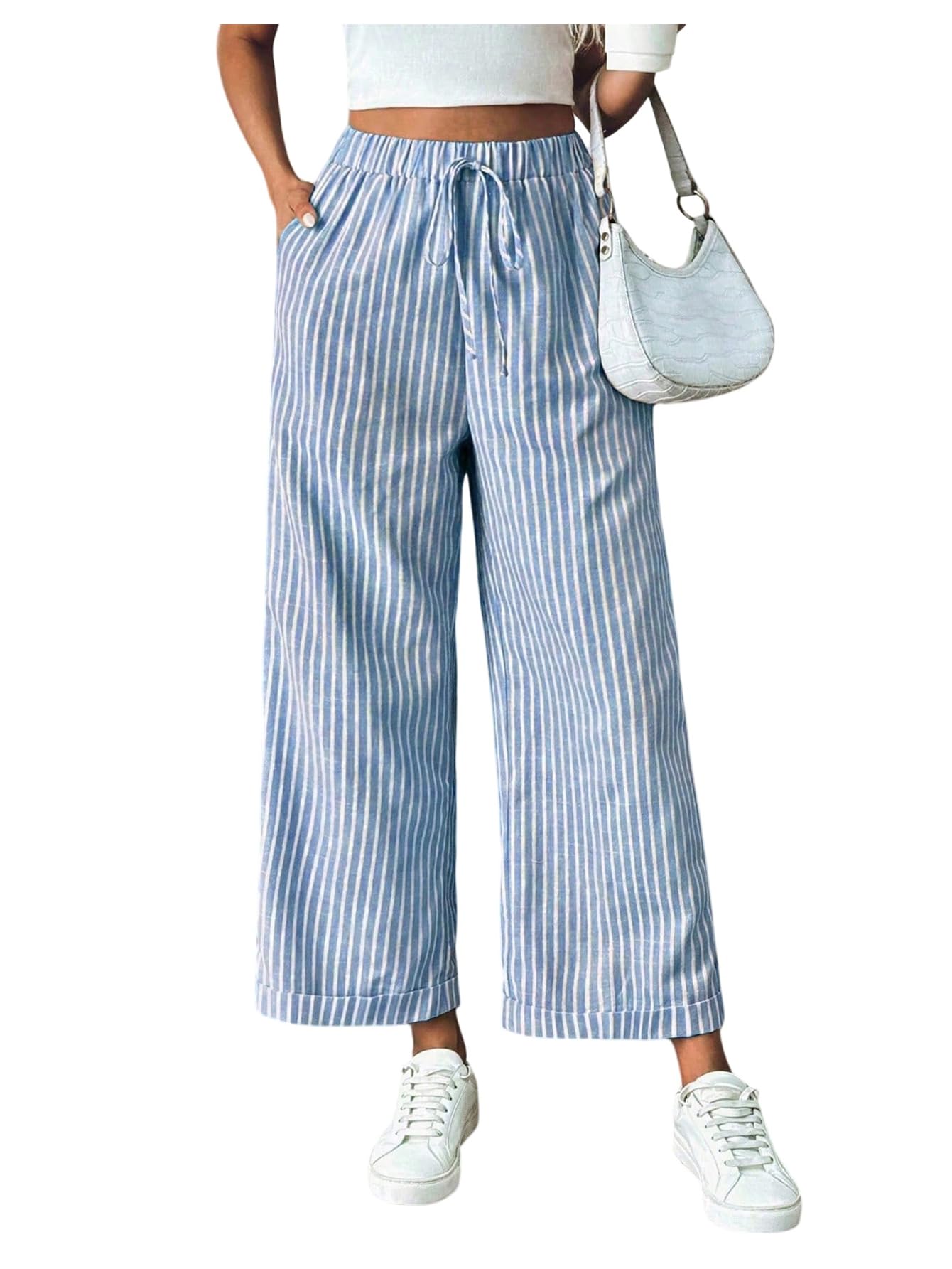 SOLY HUX Womens Striped Wide Leg Pants Tie Front Elastic High Waisted Baggy Pants Trousers with Pockets
