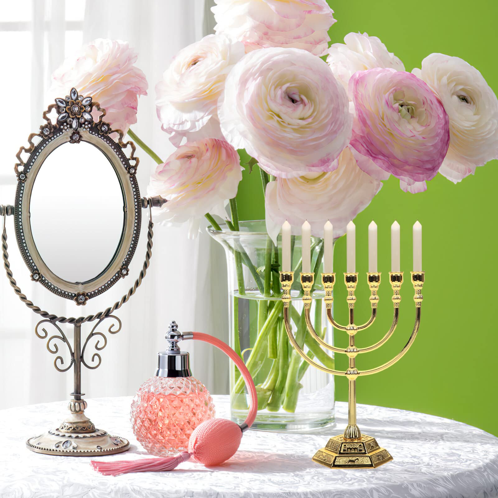 Sewroro Modern Candle Holder 7 Branches Menorah Candle Holder Decorative 7 Holes Menorah Table Centerpiece Display(Golden)