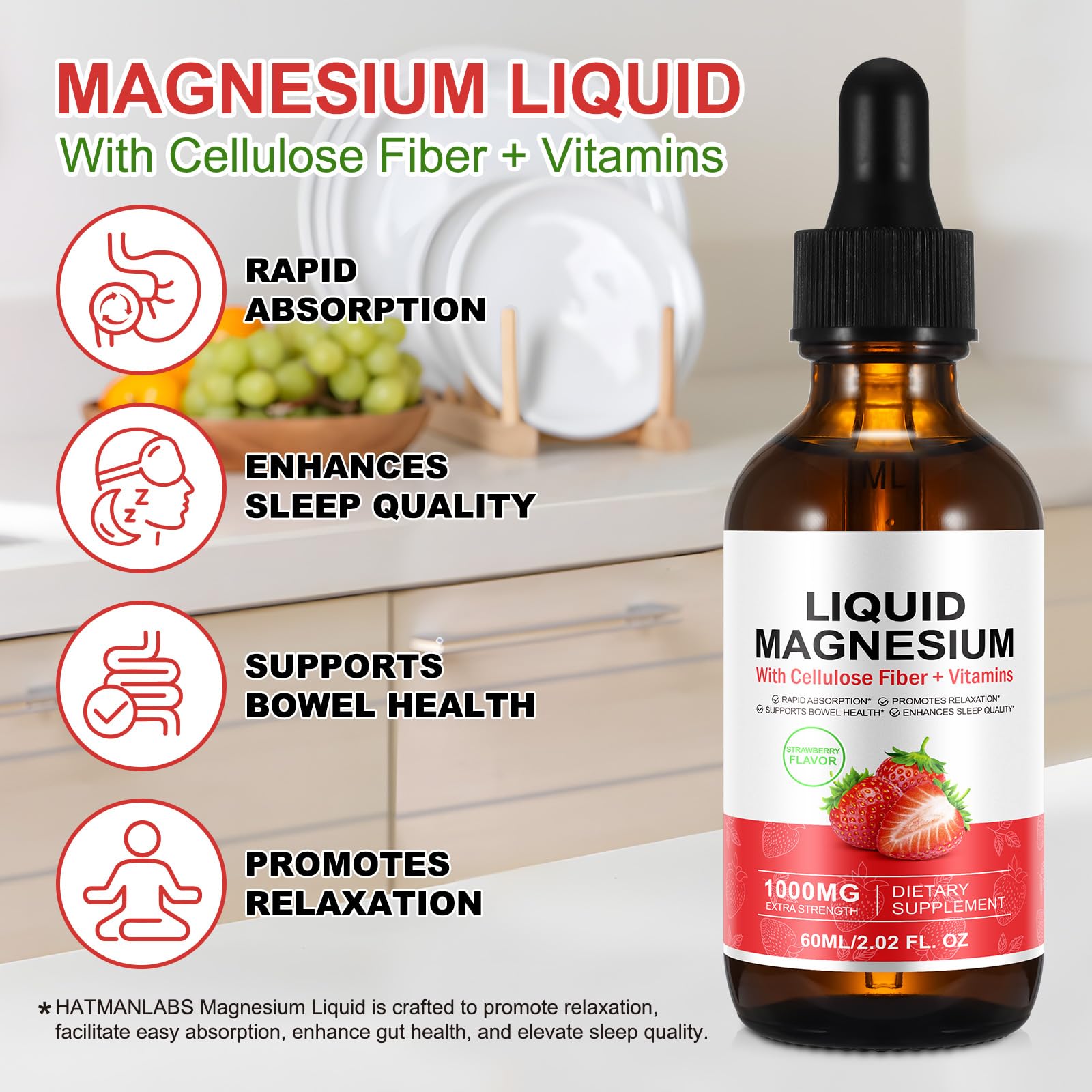 Magnesium Glycinate Liquid - 1000 MG Extra strength, High Potency Magnesium Glycinate, Taurate Complex Supplement to Support Stress Relief, Relaxation, Muscle, Sleep Support - Strawberry Flavor (60ml) — Amazon image 2