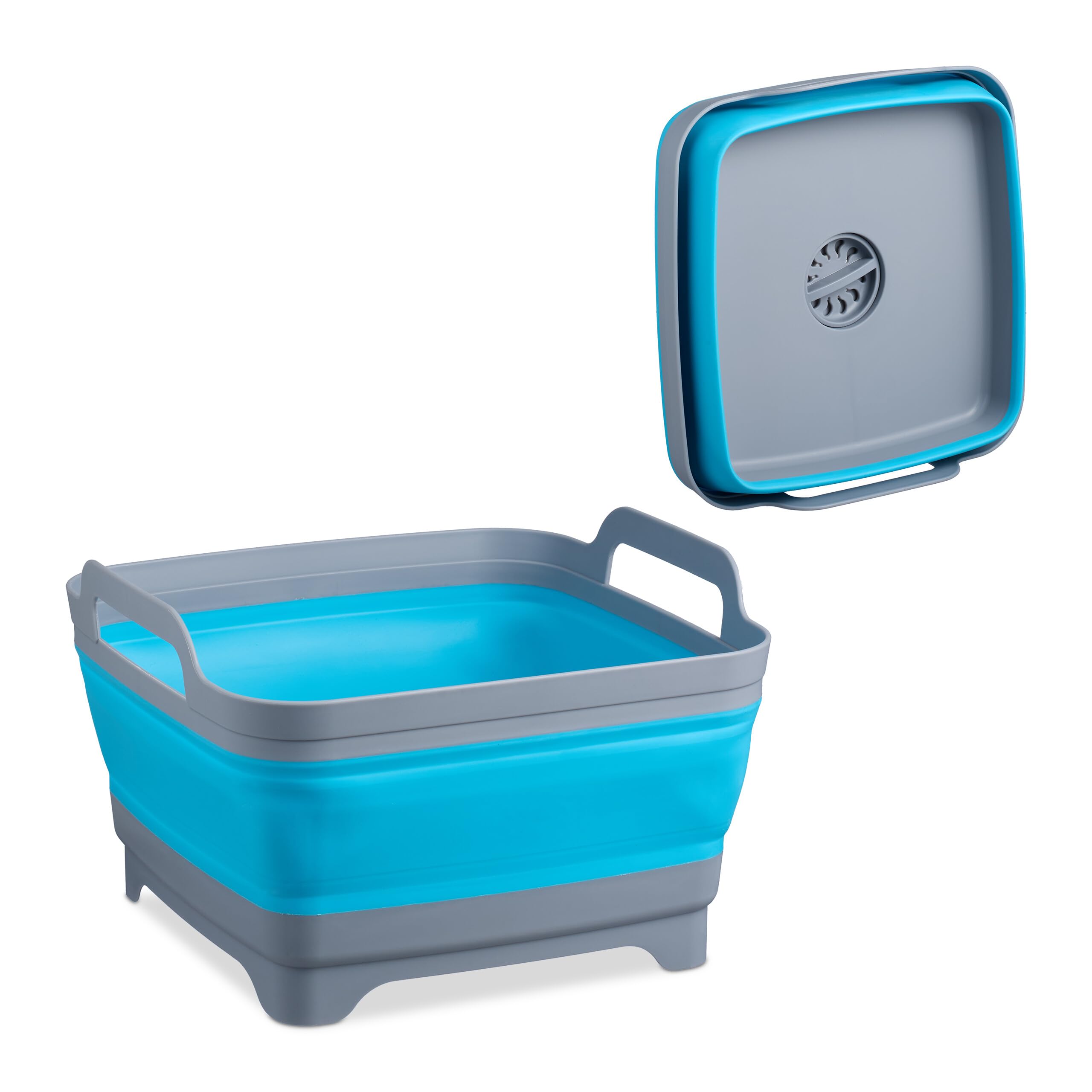Relaxdays Bacinella Pieghevole, Catino da 9 L, Lavandino Portatile Campeggio, Vaschetta con Scarico e Manici, Blu Grigio