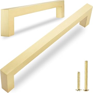 QOGRISUN 5 Pack Solid Brass Cabinet Pulls, 5 Inch Hole Center, Brushed Matte Gold Square Drawer Handles, Modern Brass Hardware for Kitchen Dresser Bathroom Cupboard Furniture