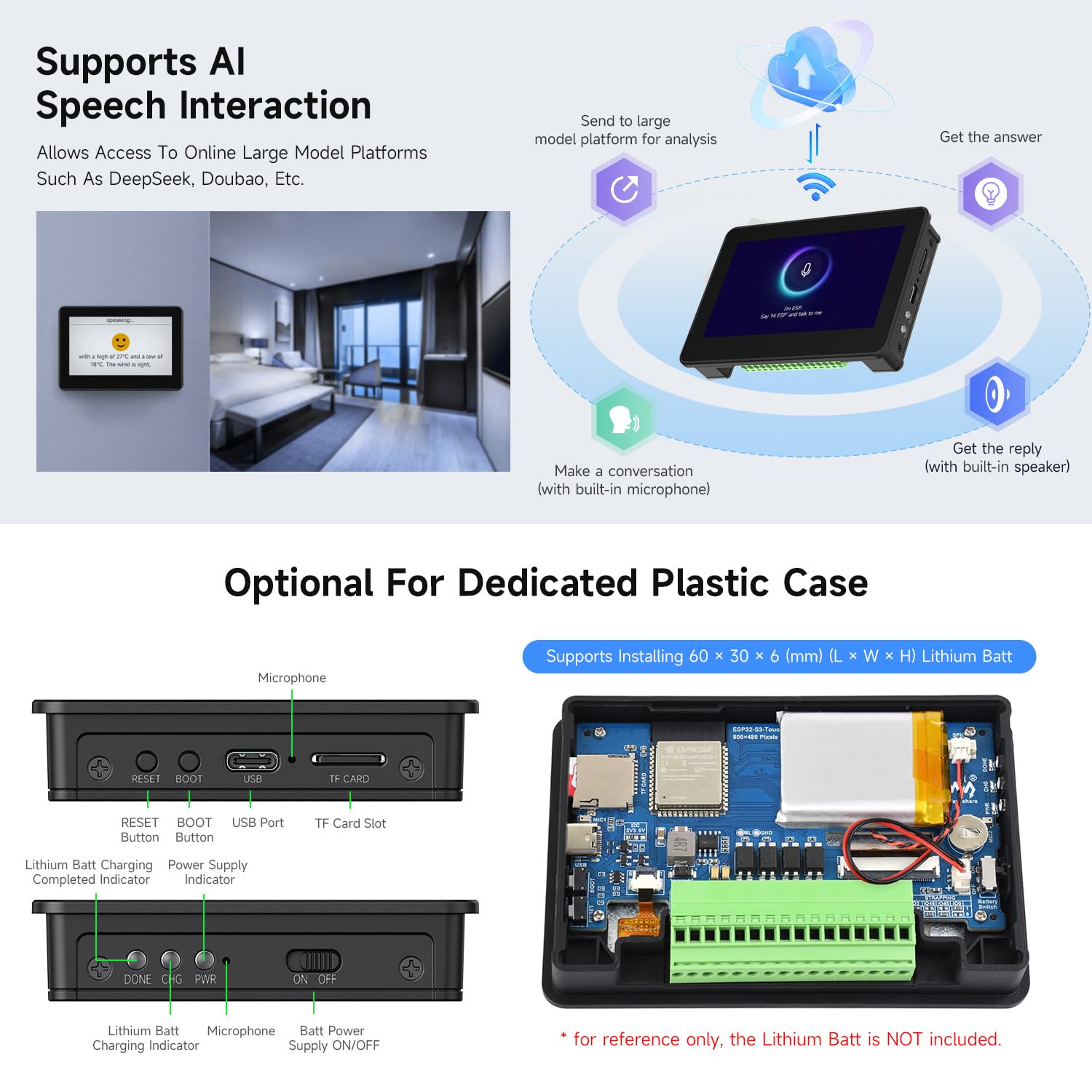 Waveshare ESP32-S3 4.3inch AI Voice Touch Display Development Board with Case, 800 x 480 Resolution, 5-Point Touch, Dual-Mic Array, Supports 2.4GHz Wi-Fi & BLE 5