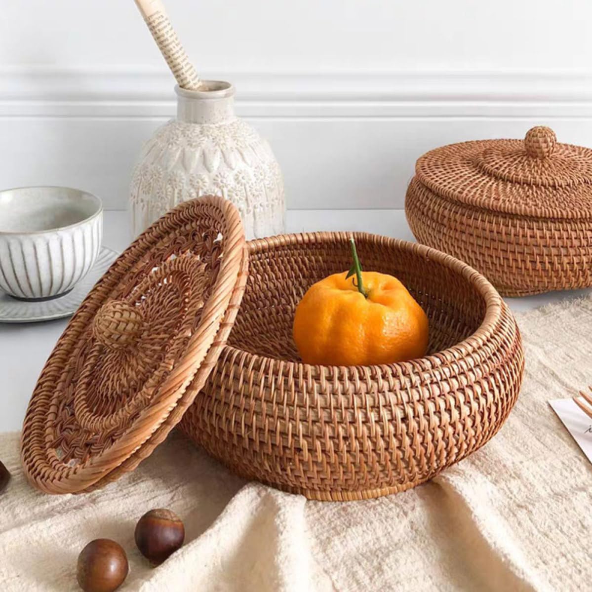 Cesto Portaoggetti per Dolci e Snack Coperchio in Rattan Intrecciato Resistente e Pratico per in Camera da o Studio
