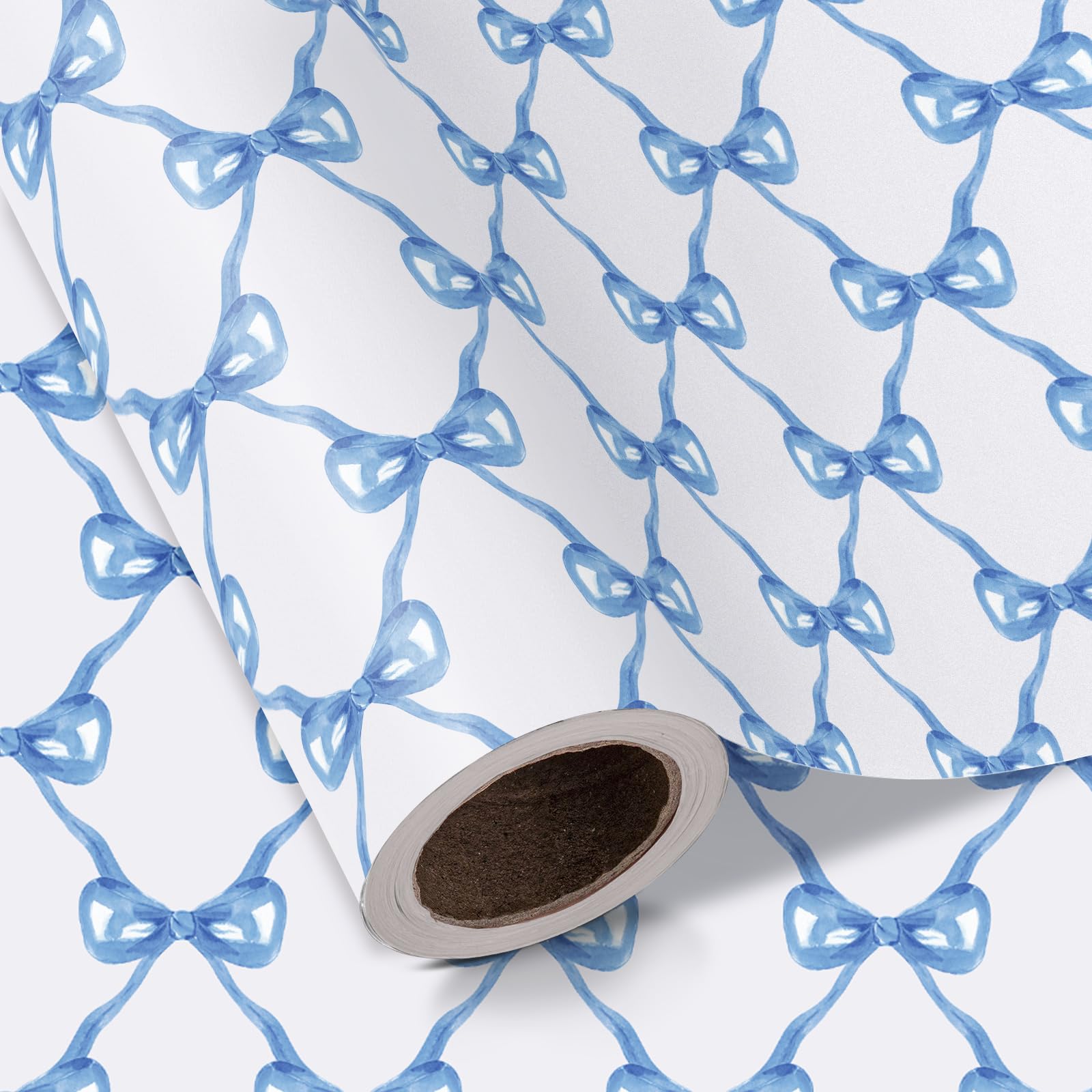 RUSPEPA Blue Bow Wrapping Paper Roll - 43.2cm x 5m - Baby Blue Bow Design, Perfect for Baby Shower, Boy Birthday, Wedding