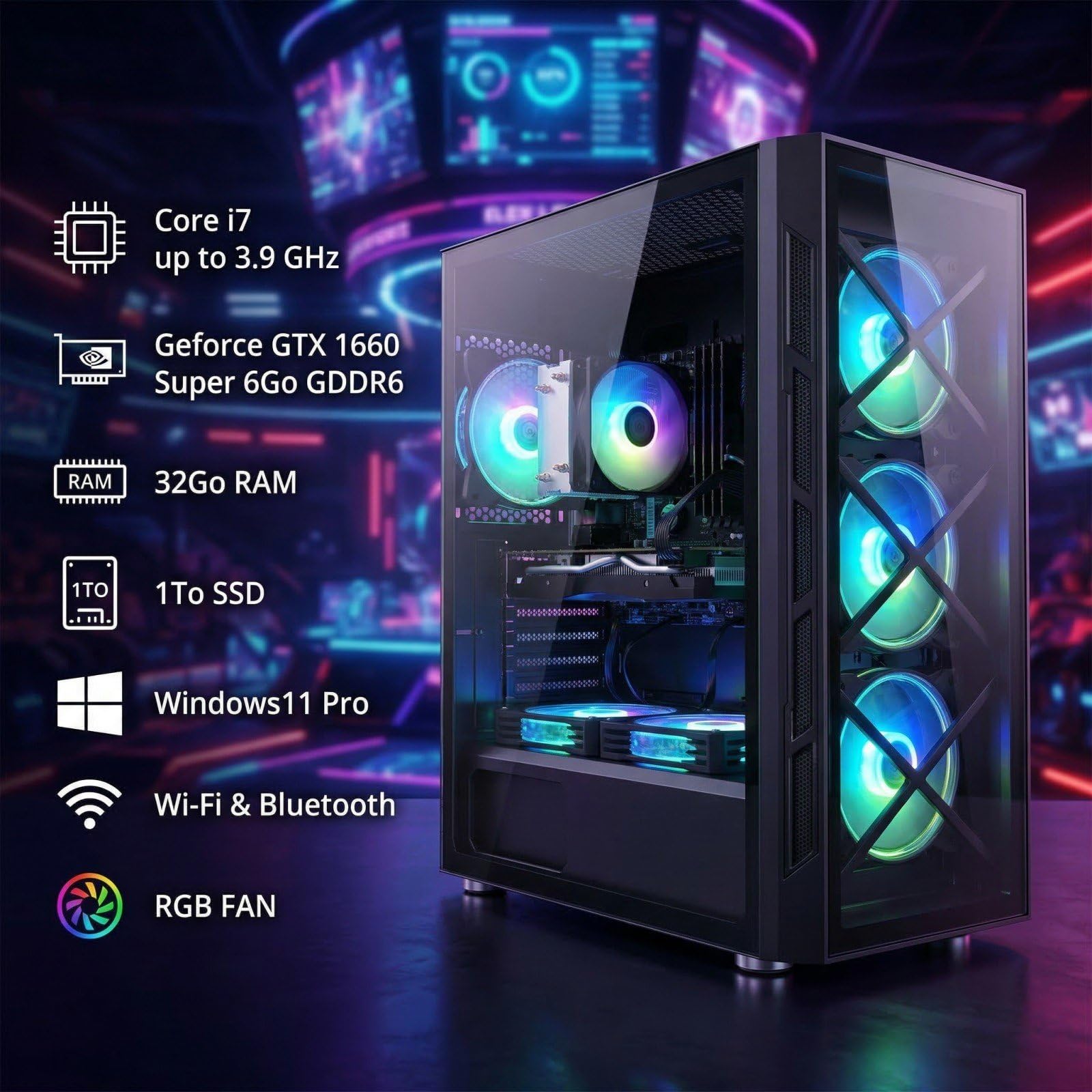 STGsivir PC Gamer Fixe, Ordinateur Gaming, Core i7 up to 3.9 GHz, Geforce GTX 1660 Super 6Go GDDR6, 32Go RAM, 1To SSD, WiFi6, BT 5.0, Ventilateur RGB x6, Windows11 Pro