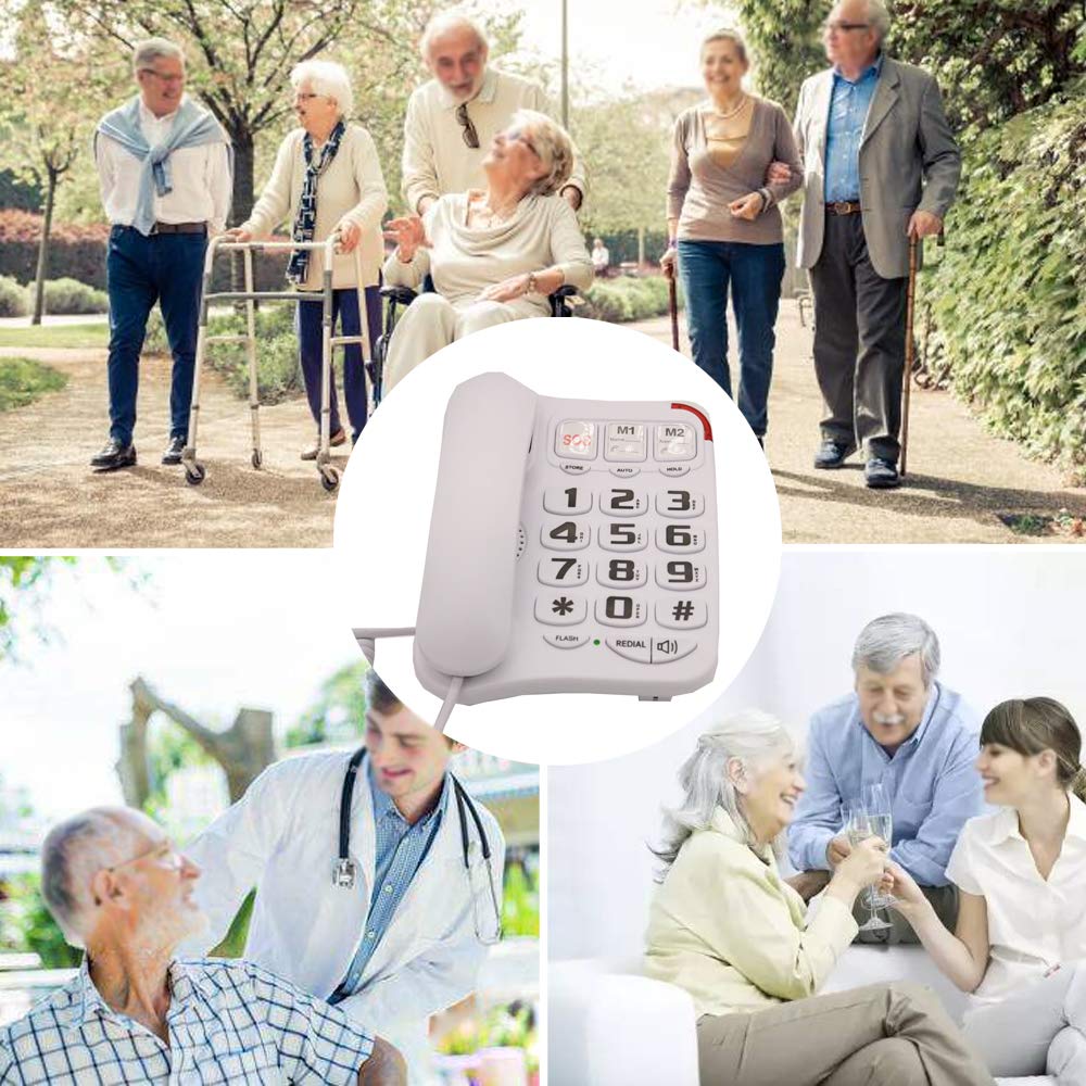J-P45 - Teléfonos amplificados para personas mayores con botón grande y altavoz, con audífonos para teléfono fijo para personas mayores y función de montaje en pared