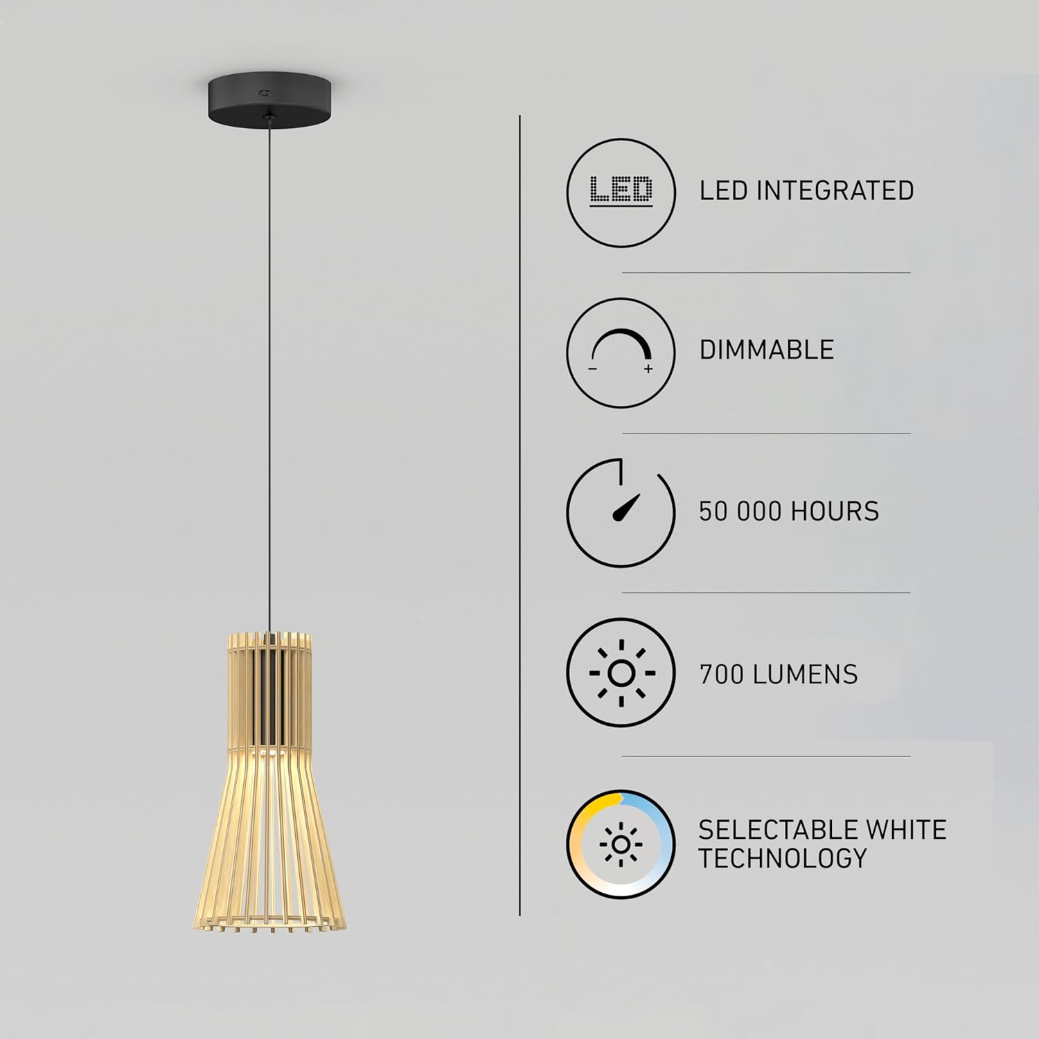 artika Kiyo Wood Pendant Light Over Kitchen Island, Adjustable Height, Dimmable, Selectable CCT, Pendant Lighting with Wood Shade, Ideal Kitchen Island Light