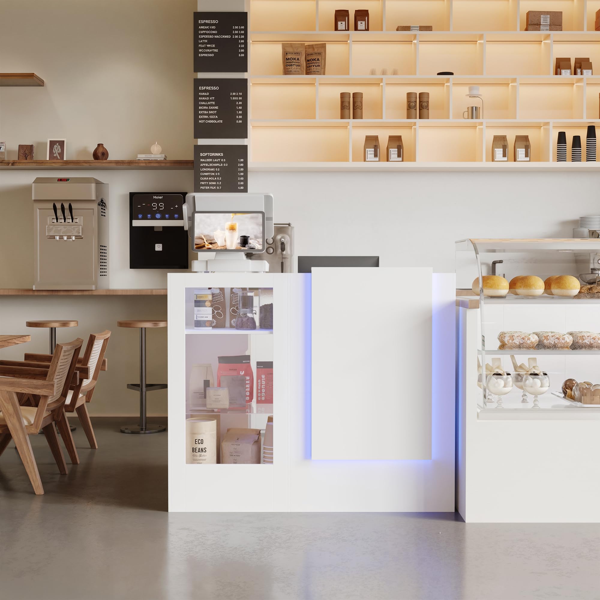 Caldion Moderno mostrador de recepción con iluminación LED, con cajón de tatuaje, mostrador de recepción de cristal templado, mesa de recepción en forma de L, color blanco, 120 x 100 x 103 cm