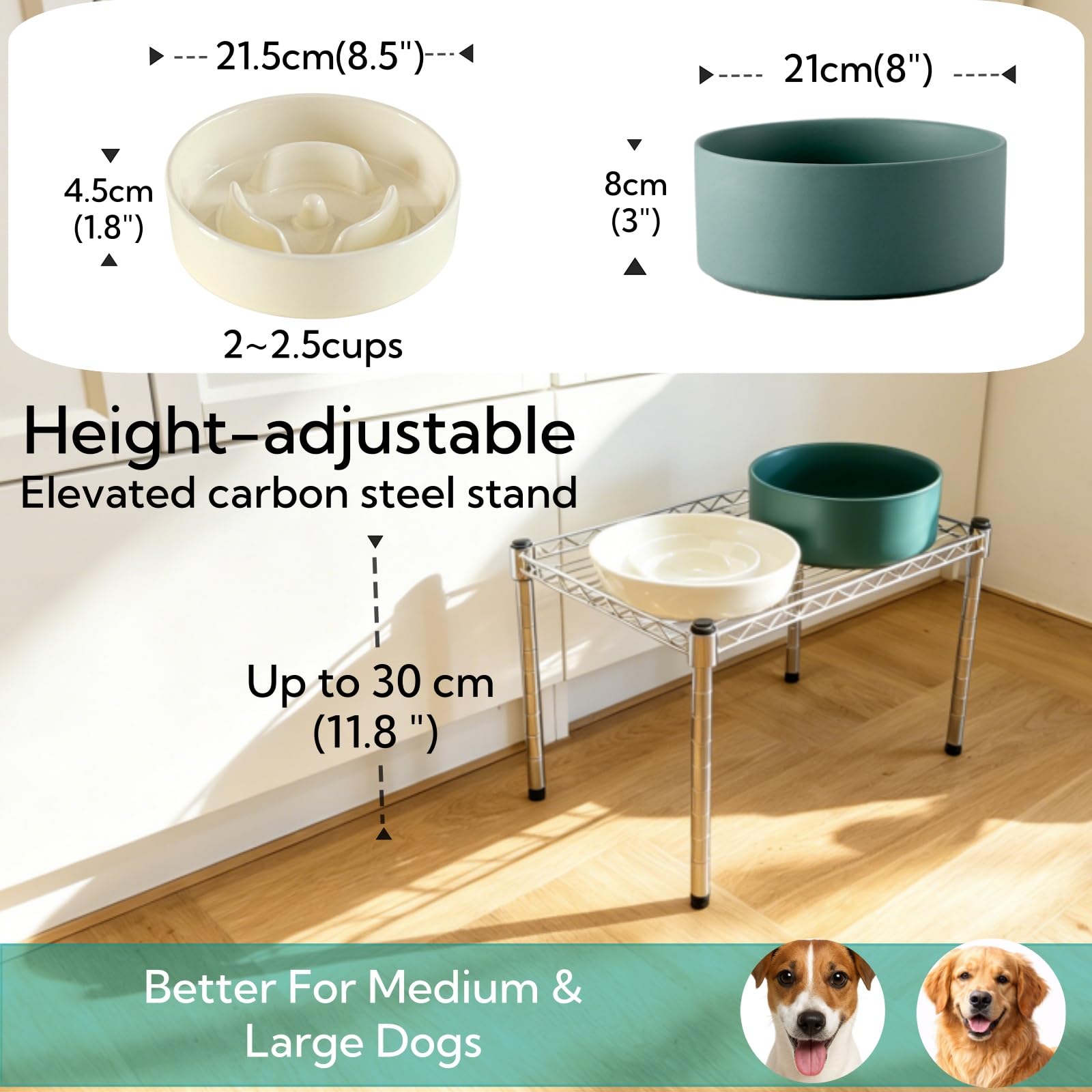 Lot de 2 gamelles surélevées en céramique pour chien de race moyenne, gamelle en céramique de 2 à 2,5 tasses avec support réglable surélevé de 17,8 cm de hauteur, bol d'alimentation lente pour réduire
