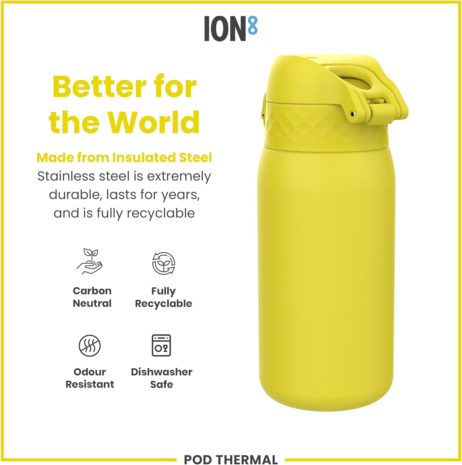 ION8 Insulated Steel Water Bottle, 320 ml/11 oz, Leak Proof, Easy to Open, Secure Lock, Dishwasher Safe, Carry Handle, Hygienic Flip Cover, Scratch Resistant, Durable Stainless Steel, Yellow