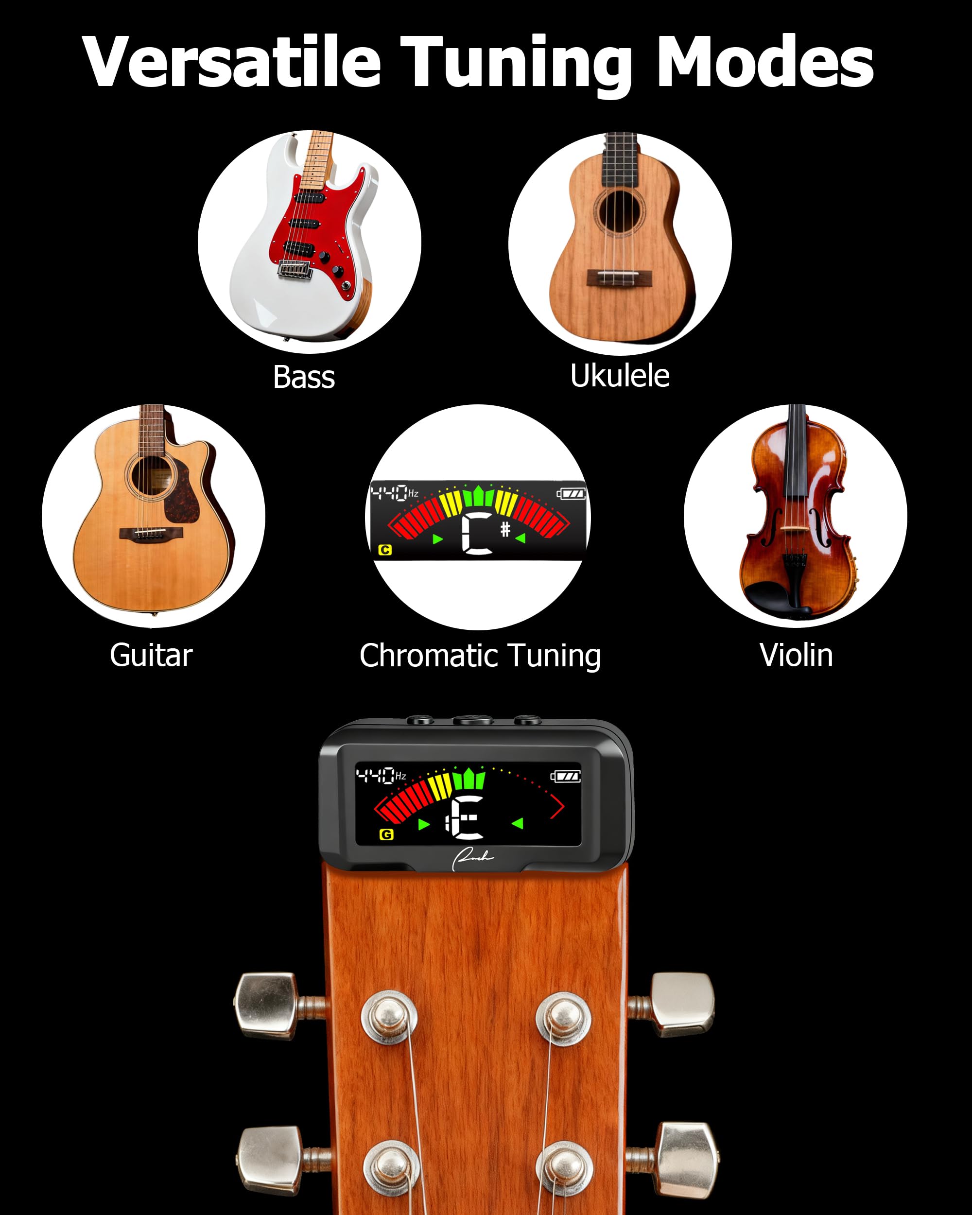 Ranch Accordatore ricaricabile per chitarra, accordatore a clip per chitarra acustica/elettrica, ukulele, violino, basso, con modalità di sintonizzazione cromatica